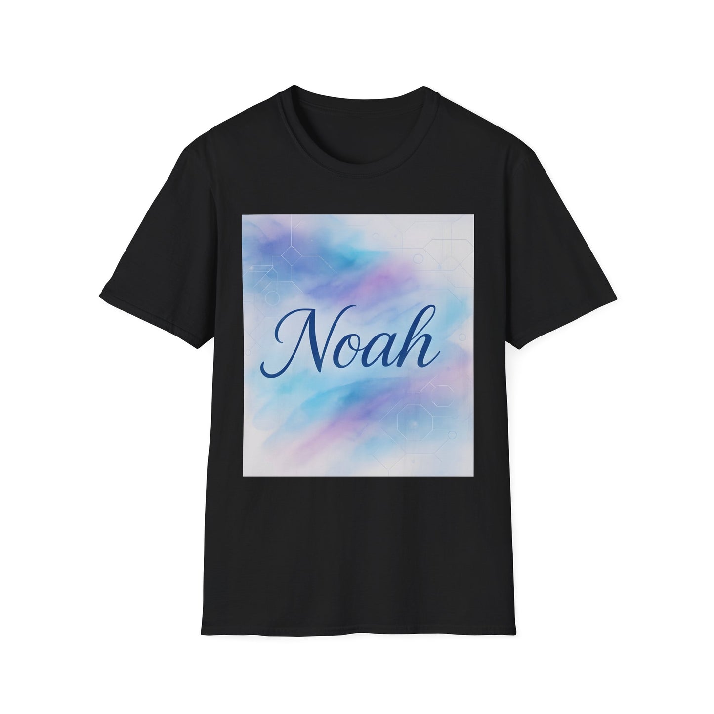 Black short-sleeve T-shirt with a pastel blue-pink gradient square graphic and the name “Noah” written in cursive.