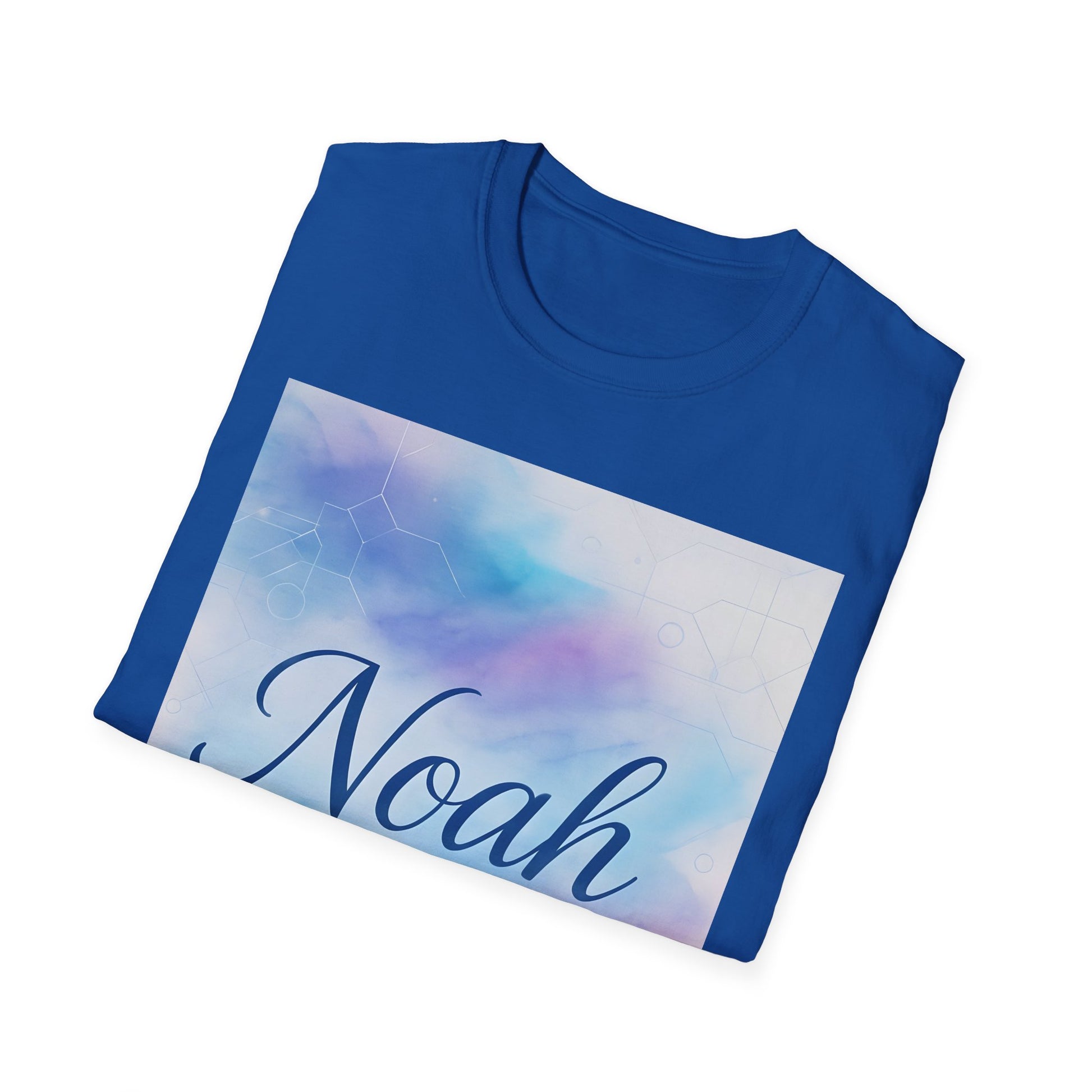 Blue T-shirt with a large rectangular pastel graphic featuring a watercolor gradient and the name Noah in cursive.