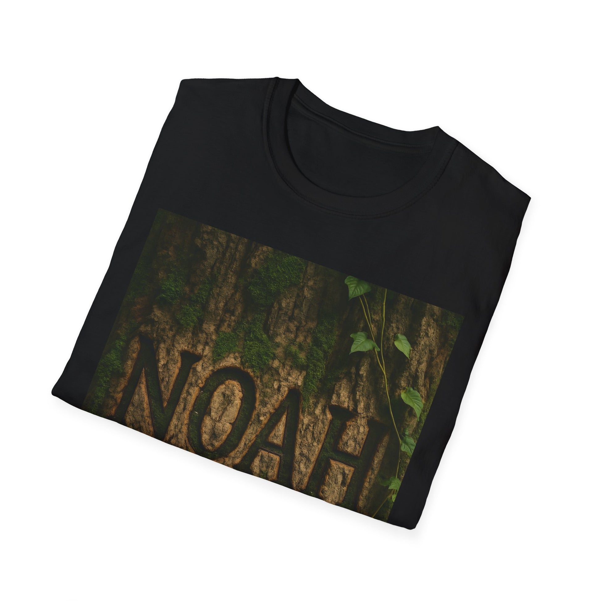 Black t-shirt featuring a rectangular graphic of a mossy rock wall with ivy, and the carved letters “NOAH” at the bottom.