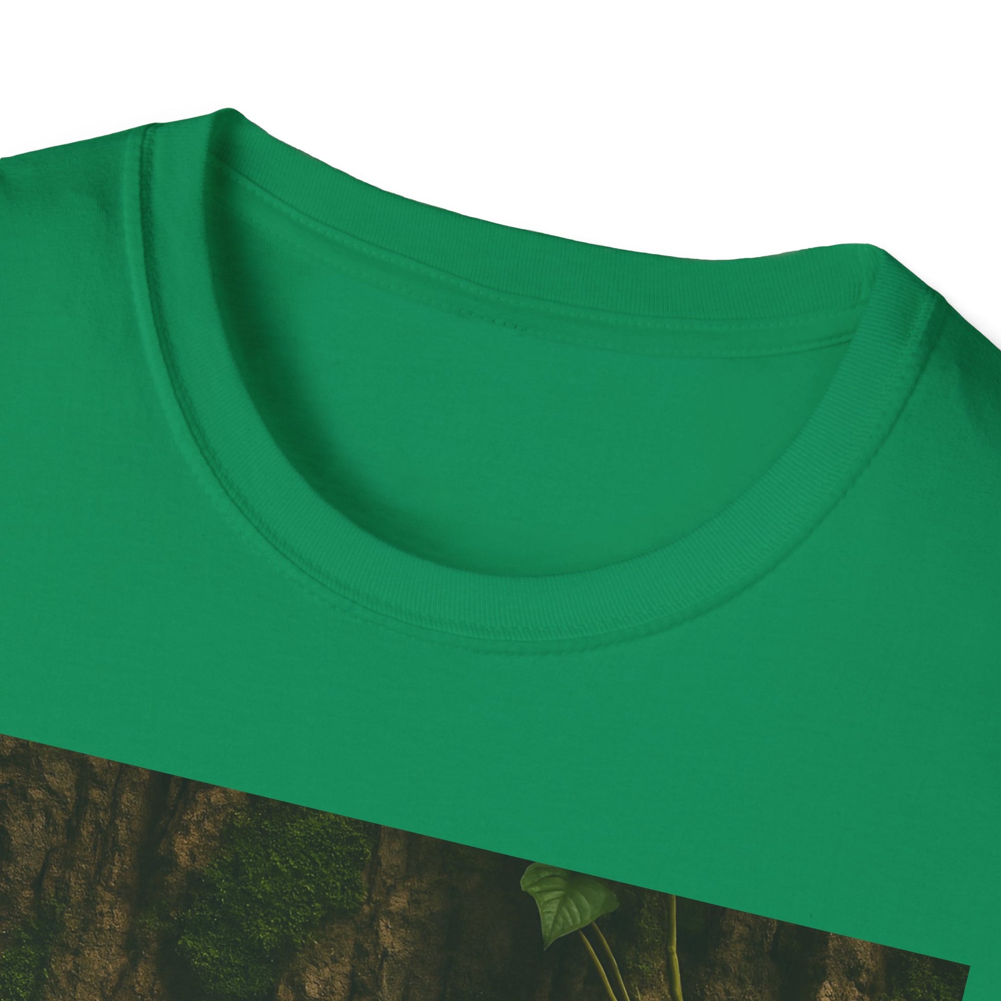 Close-up of a solid green crew-neck T-shirt, focusing on the ribbed collar and neckline.