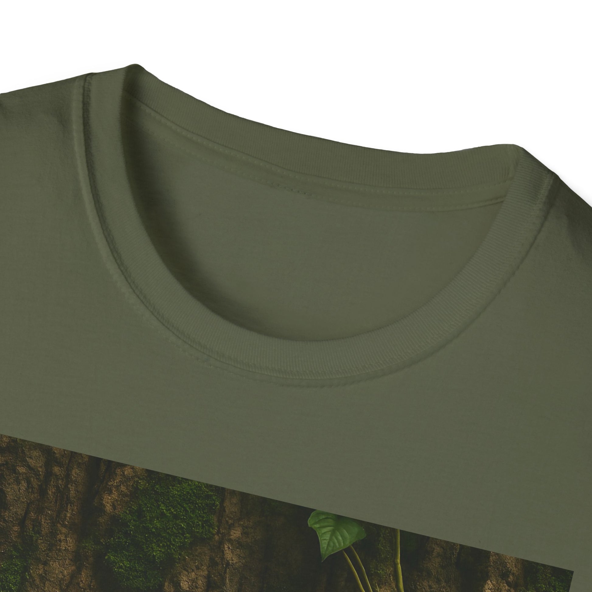 Olive-green crew-neck T-shirt shown from a close-up, focusing on neckline and fabric.