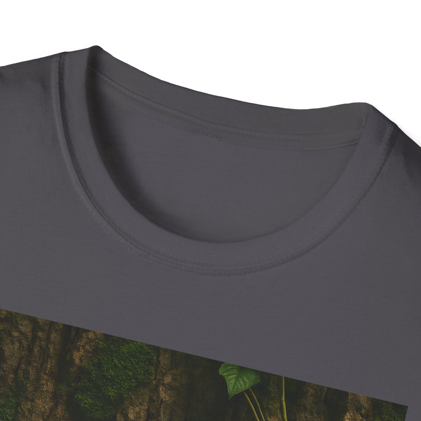 Close-up of charcoal gray crew-neck T-shirt with a forest scene graphic peeking from the bottom edge.
