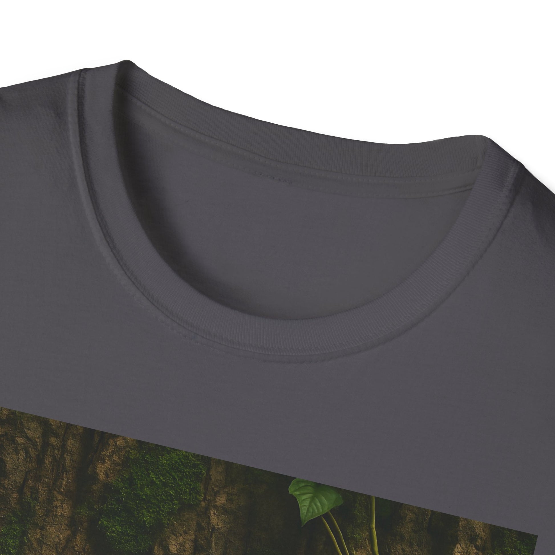 Close-up of charcoal gray crew-neck T-shirt with a forest scene graphic peeking from the bottom edge.