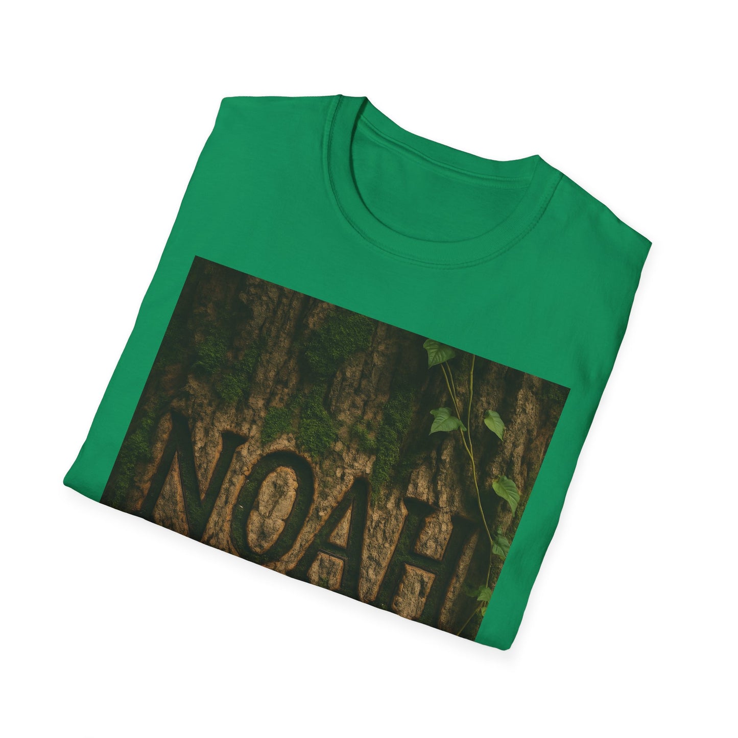 Green T-shirt with a rectangular printed photo of a tree trunk, moss, and a vine; letters "NOAH" visible at the bottom.
