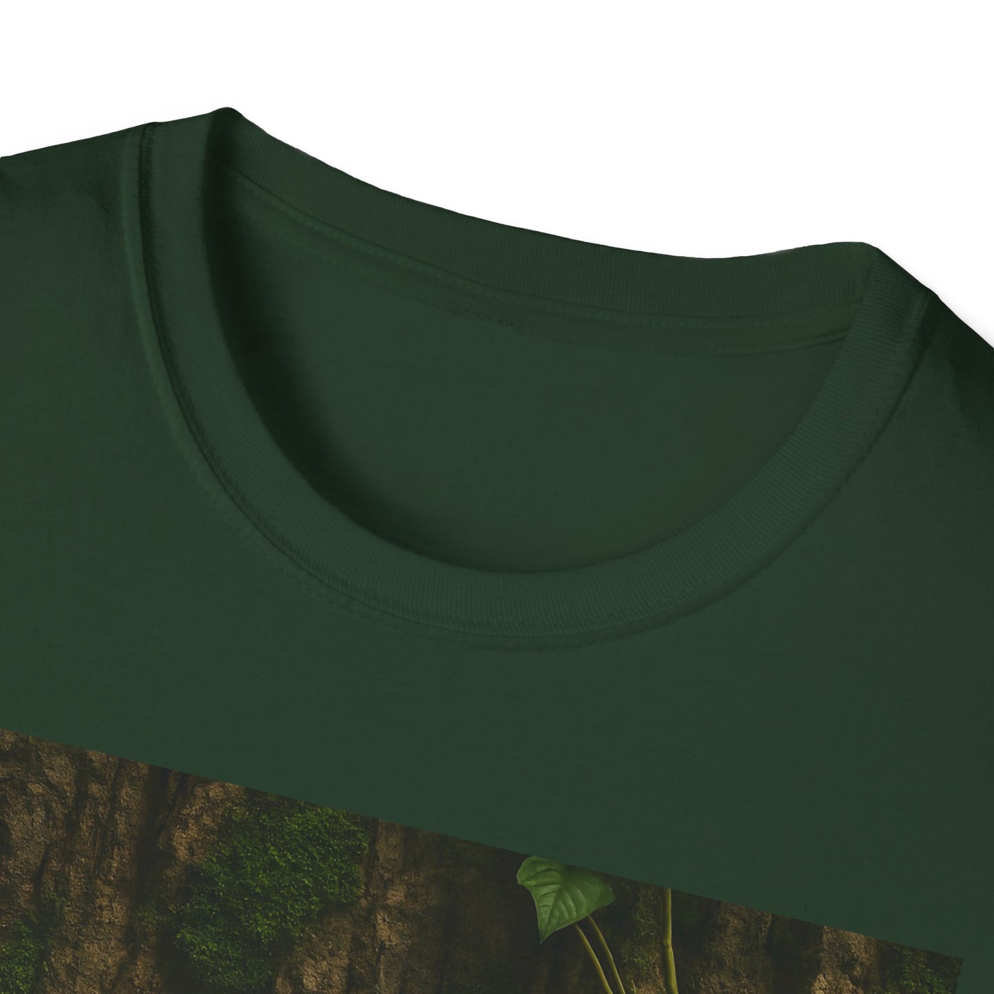 Close-up of a dark green crew-neck T-shirt with a smooth fabric and ribbed neckline.