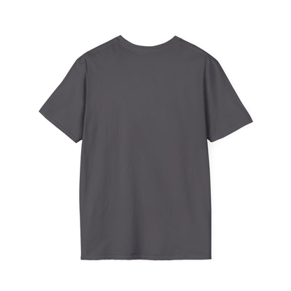 Back view of a plain charcoal gray short-sleeve T-shirt laid flat.
