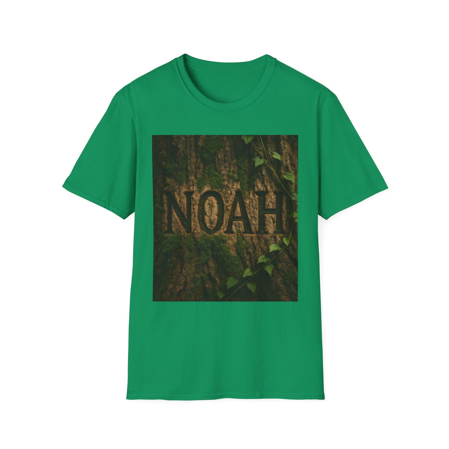 Green short-sleeve t-shirt featuring a square image of tree bark with the word NOAH carved into the trunk.