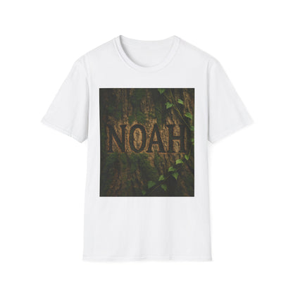White T-shirt with a centered square image of a tree trunk, showing the carved word NOAH and surrounding ivy.