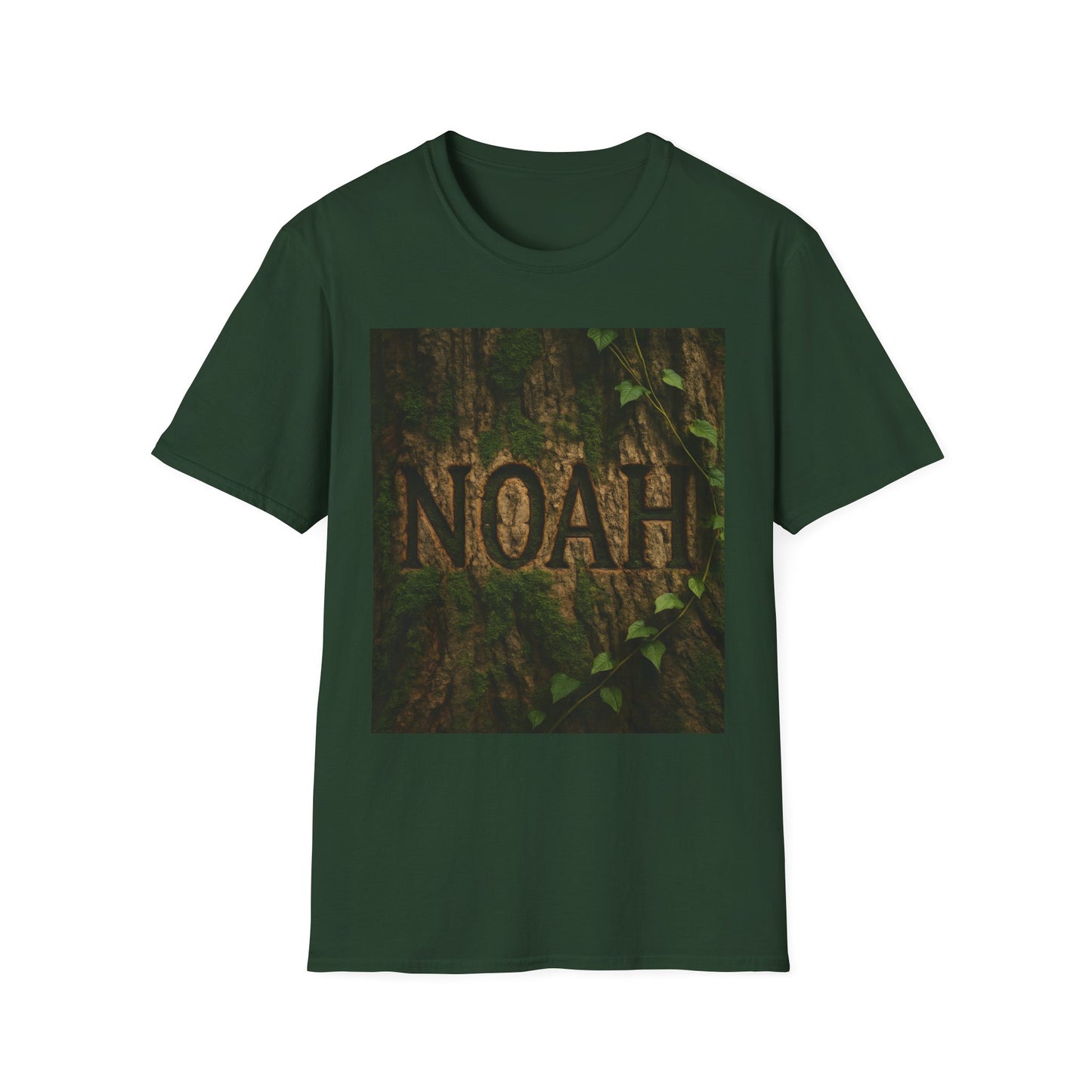 Green short-sleeve T-shirt featuring a square image of a tree trunk with carved “NOAH” letters and vines.