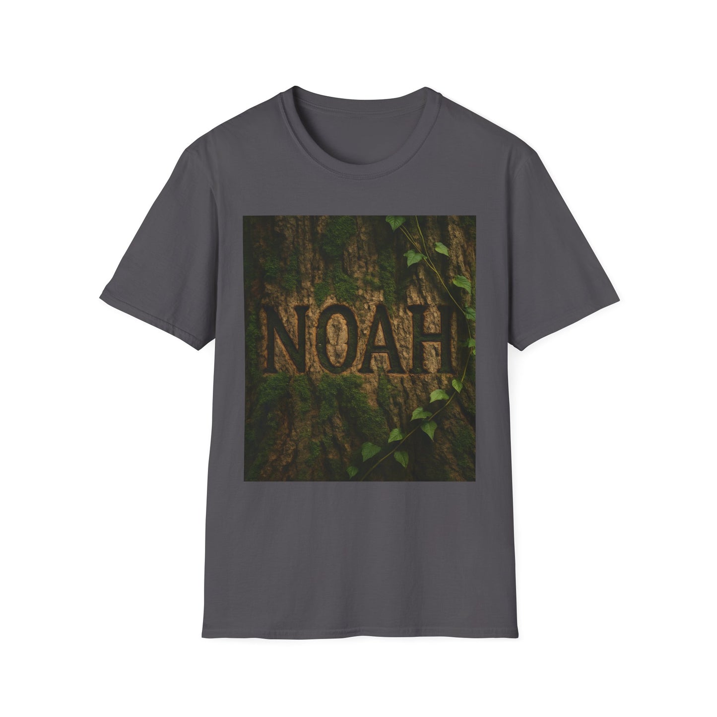 Gray crew-neck T-shirt featuring a square image of tree bark with vines and the word NOAH carved into the bark.