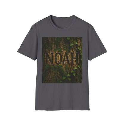 Gray crew-neck T-shirt featuring a square image of tree bark with vines and the word NOAH carved into the bark.