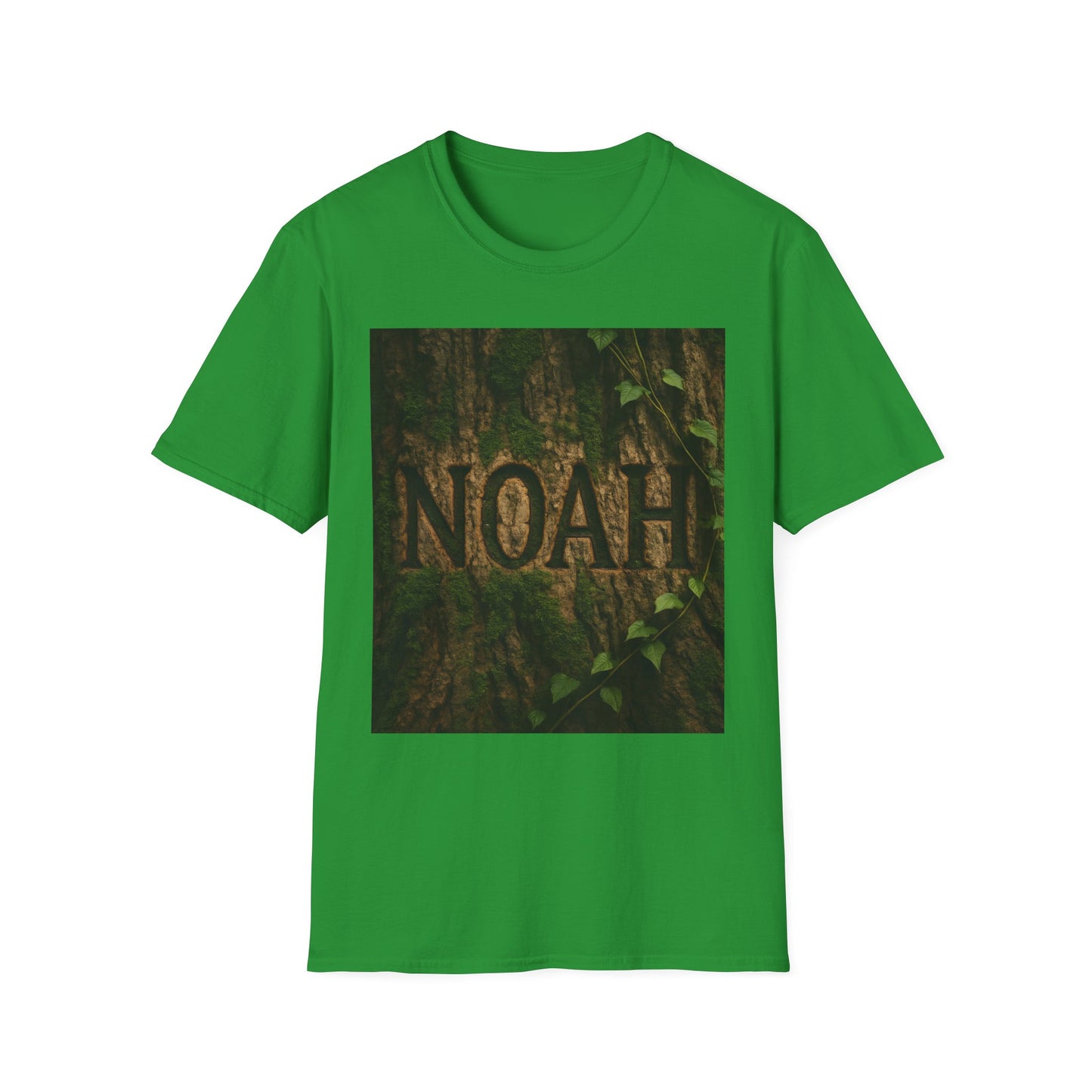 Green t-shirt with a square forest image featuring a textured tree trunk and the word NOAH carved into it.
