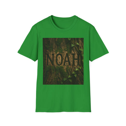 Green t-shirt with a square forest image featuring a textured tree trunk and the word NOAH carved into it.