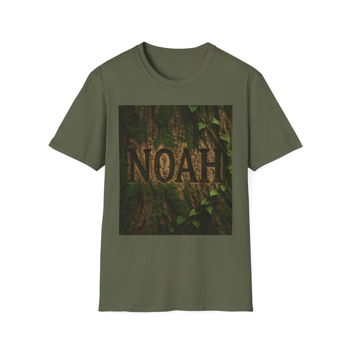 Olive green T-shirt featuring a square image of a textured tree trunk with moss and ivy, showing the word "NOAH" carved into the bark.