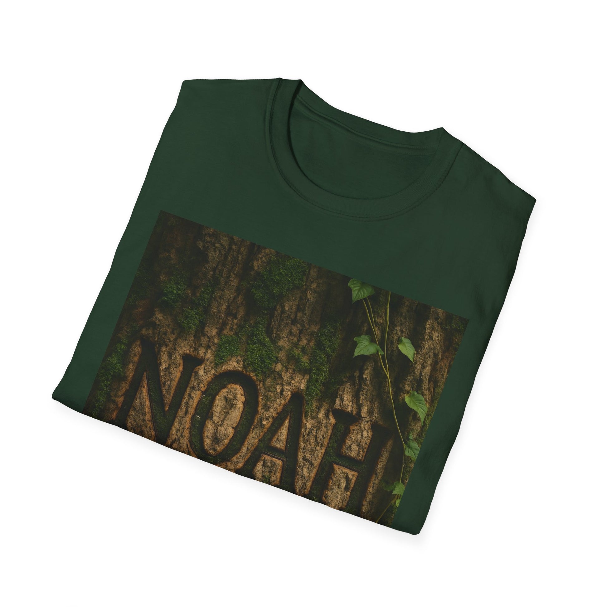 Green T-shirt featuring a rectangular image of a mossy tree trunk with carved NOAH letters and a vine growing up.