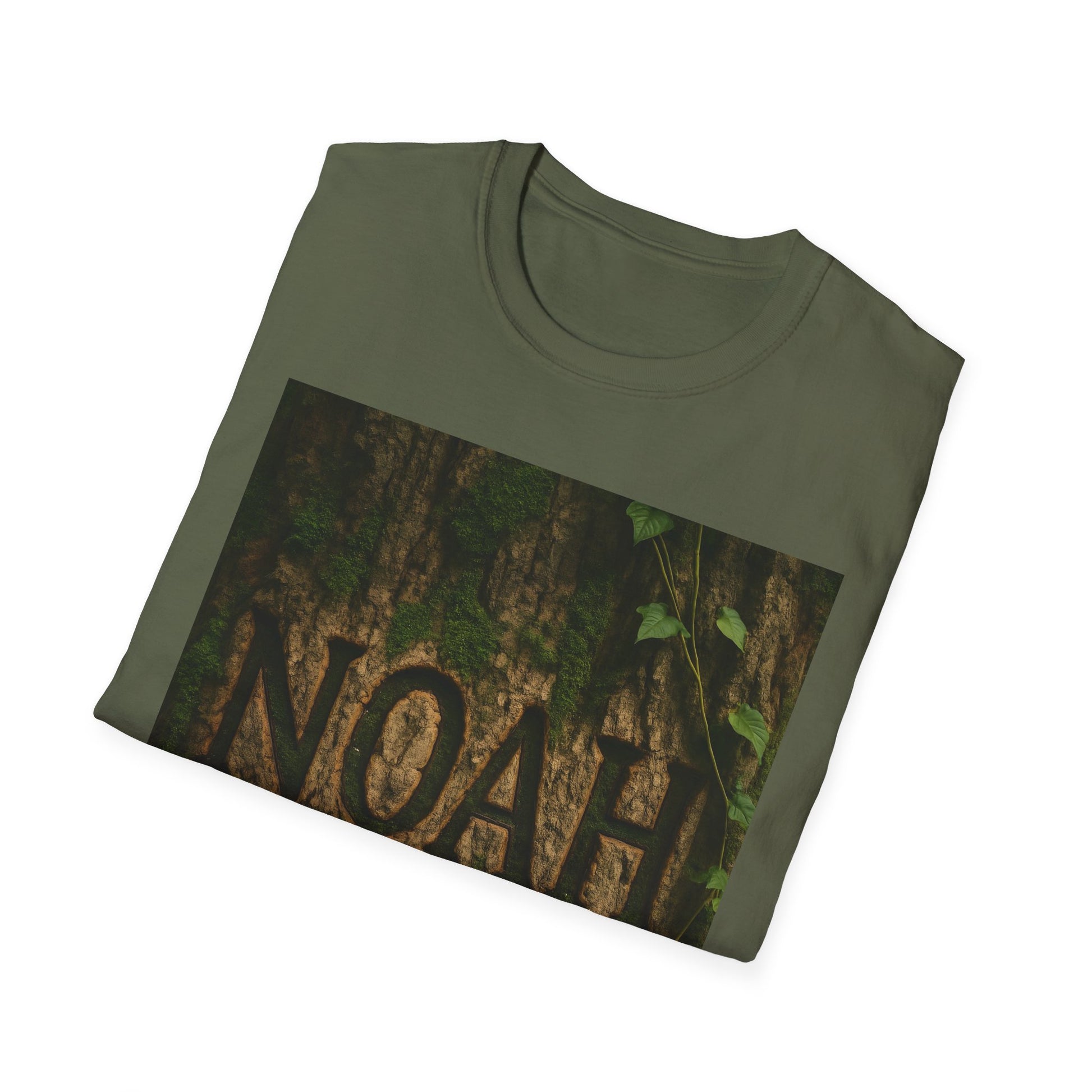 Olive green T-shirt with a rectangular print of a mossy tree trunk and vine, showing the letters NOAH at the bottom.