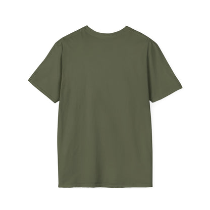 Back view of an olive green short-sleeve T-shirt with a plain cotton texture.