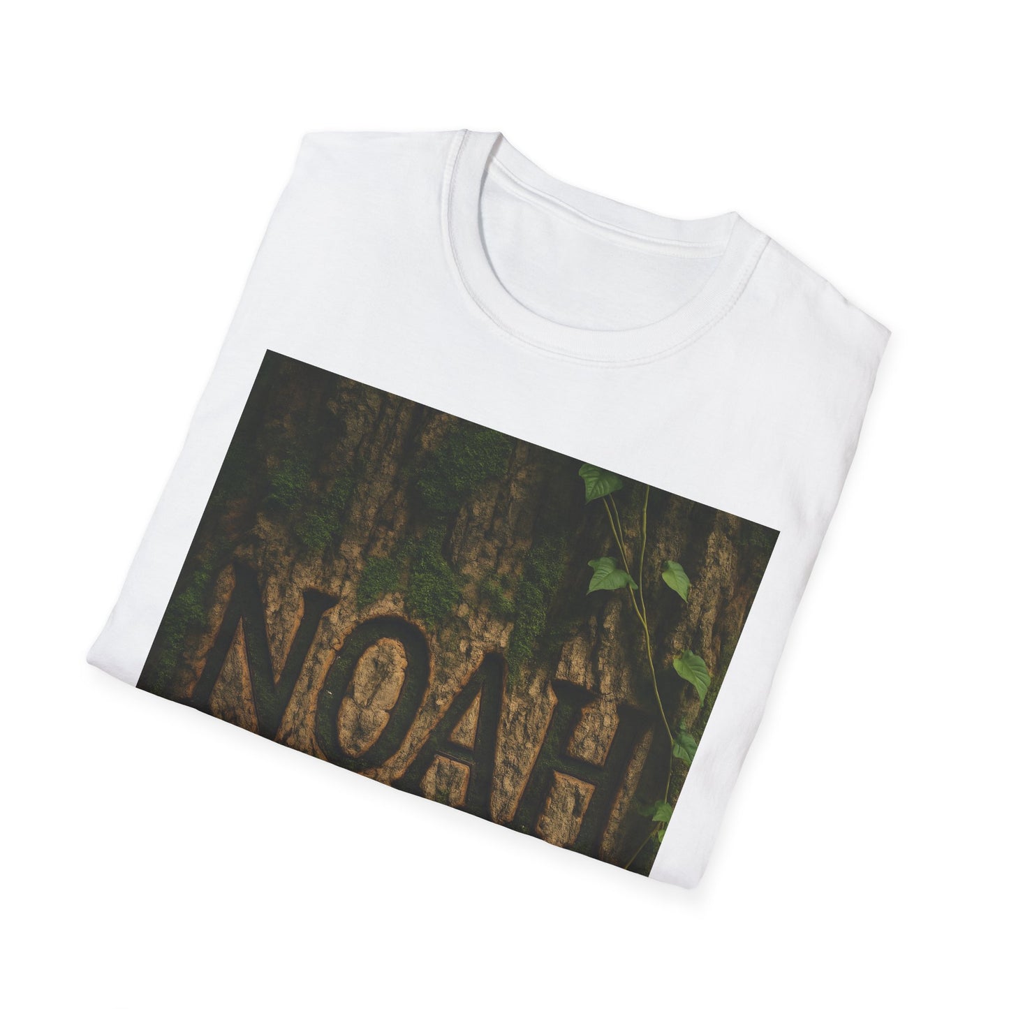White T-shirt with a printed photograph of a mossy tree trunk and carved letters forming “NOAH” with vines.