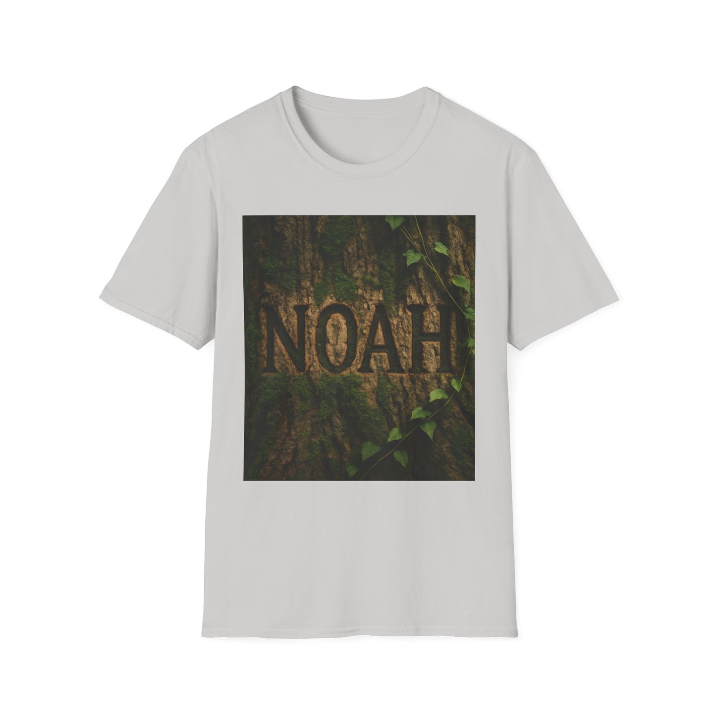 White T-shirt with a square photo of a tree trunk carved with the letters NOAH, surrounded by moss and ivy.
