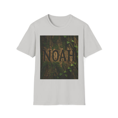 White T-shirt with a square photo of a tree trunk carved with the letters NOAH, surrounded by moss and ivy.