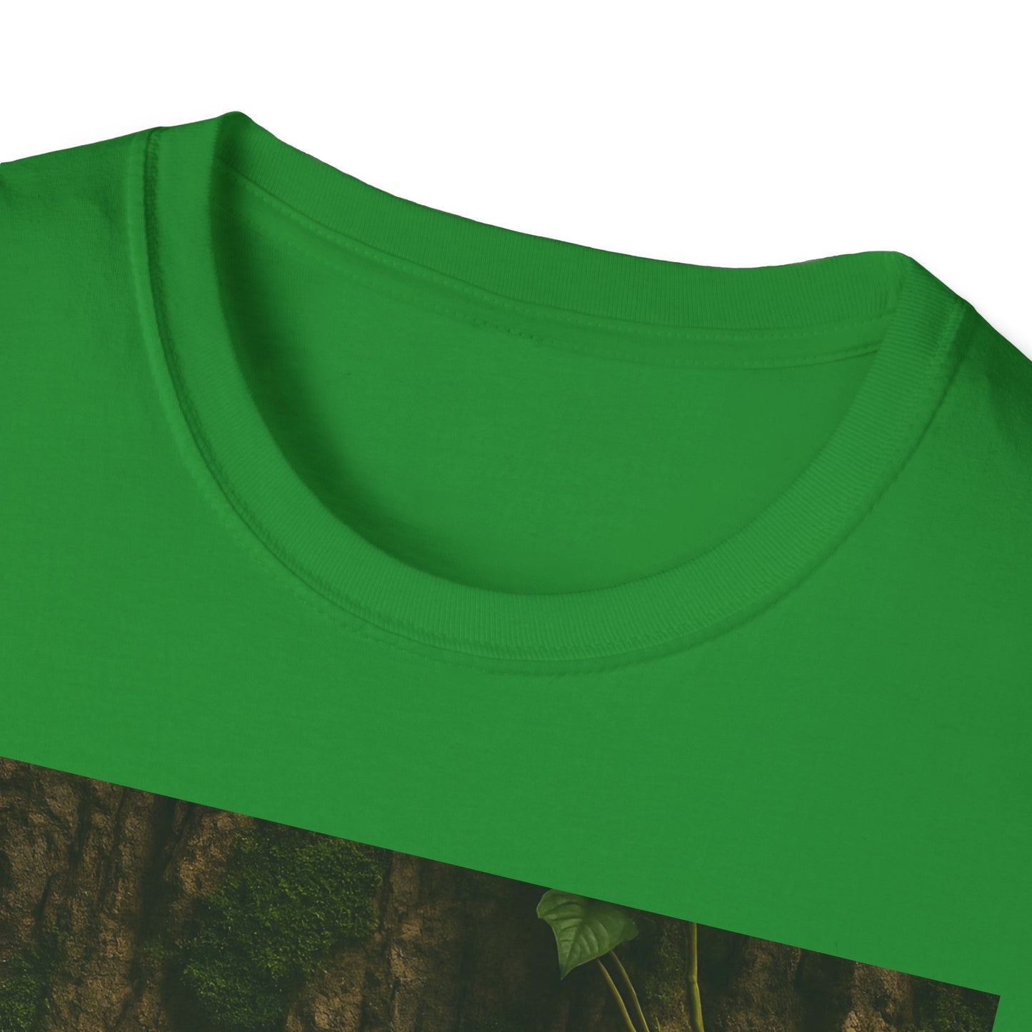 Close-up of a bright green crew-neck T-shirt, showing the ribbed collar and smooth cotton fabric.