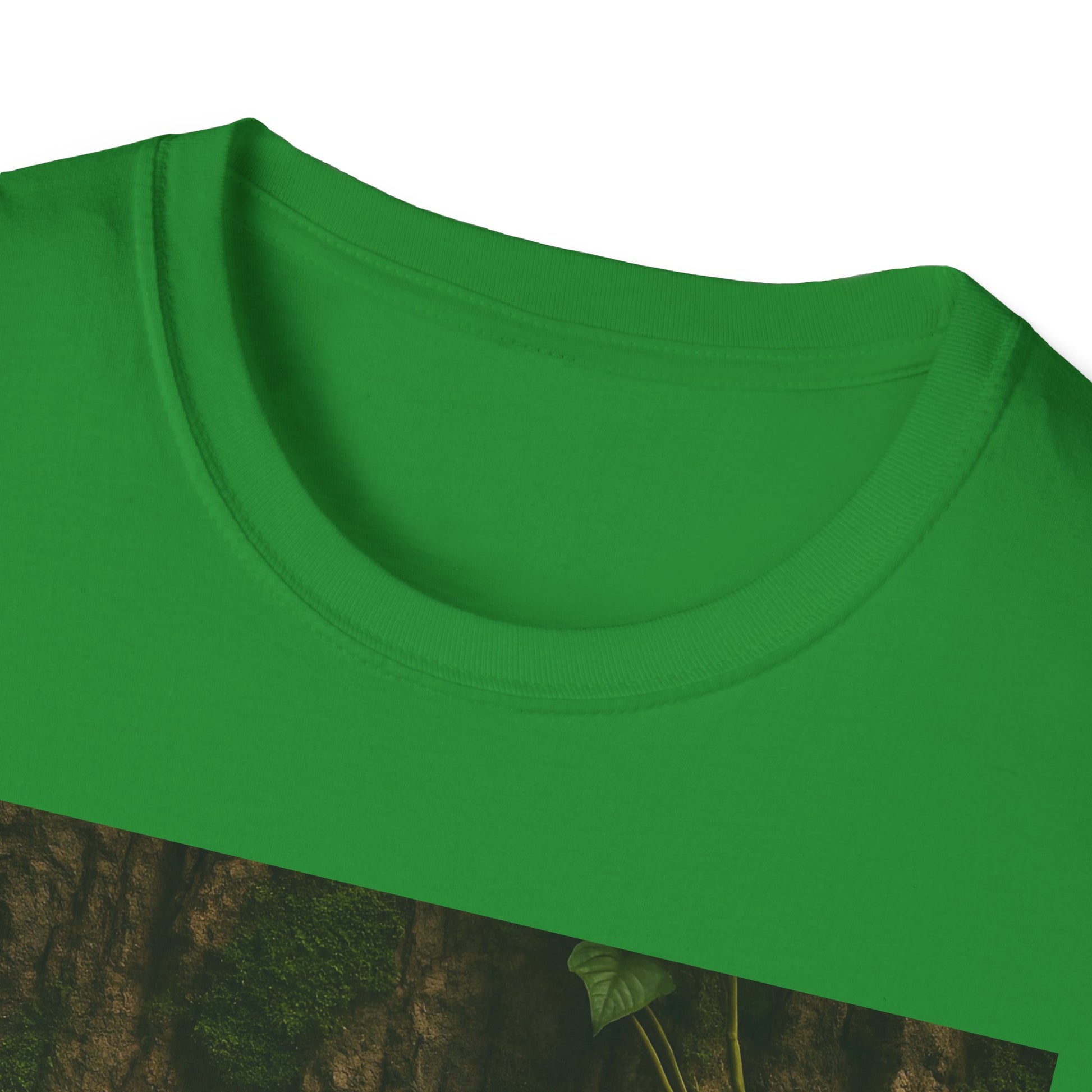 Close-up of a bright green crew-neck T-shirt, showing the ribbed collar and smooth cotton fabric.