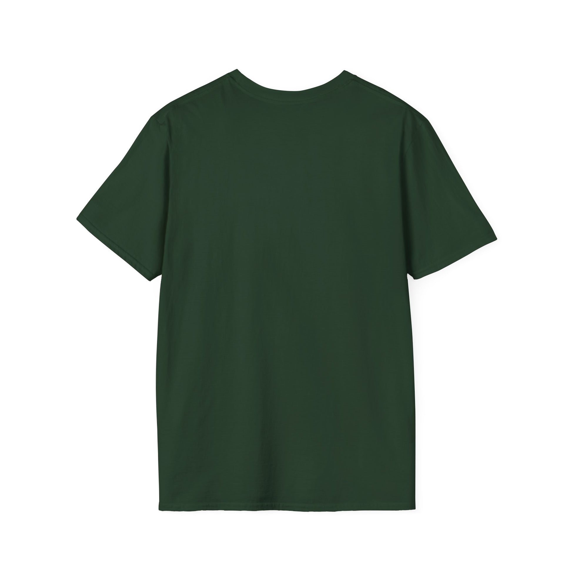 Back view of a plain dark green short-sleeve T-shirt, solid color.