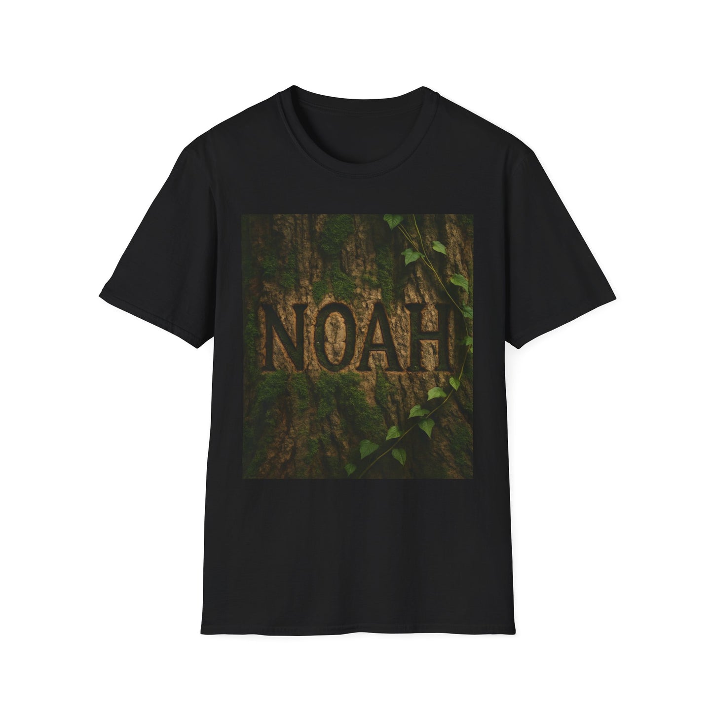 Black t-shirt featuring a square photo of a tree trunk with carved “NOAH” letters and green ivy climbing the bark.