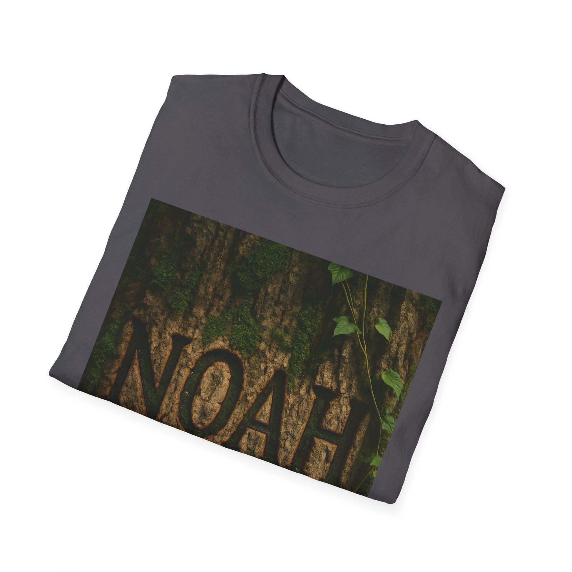 Grey T-shirt featuring a rectangular image of a mossy tree trunk with ivy, displaying the carved letters NOAH.