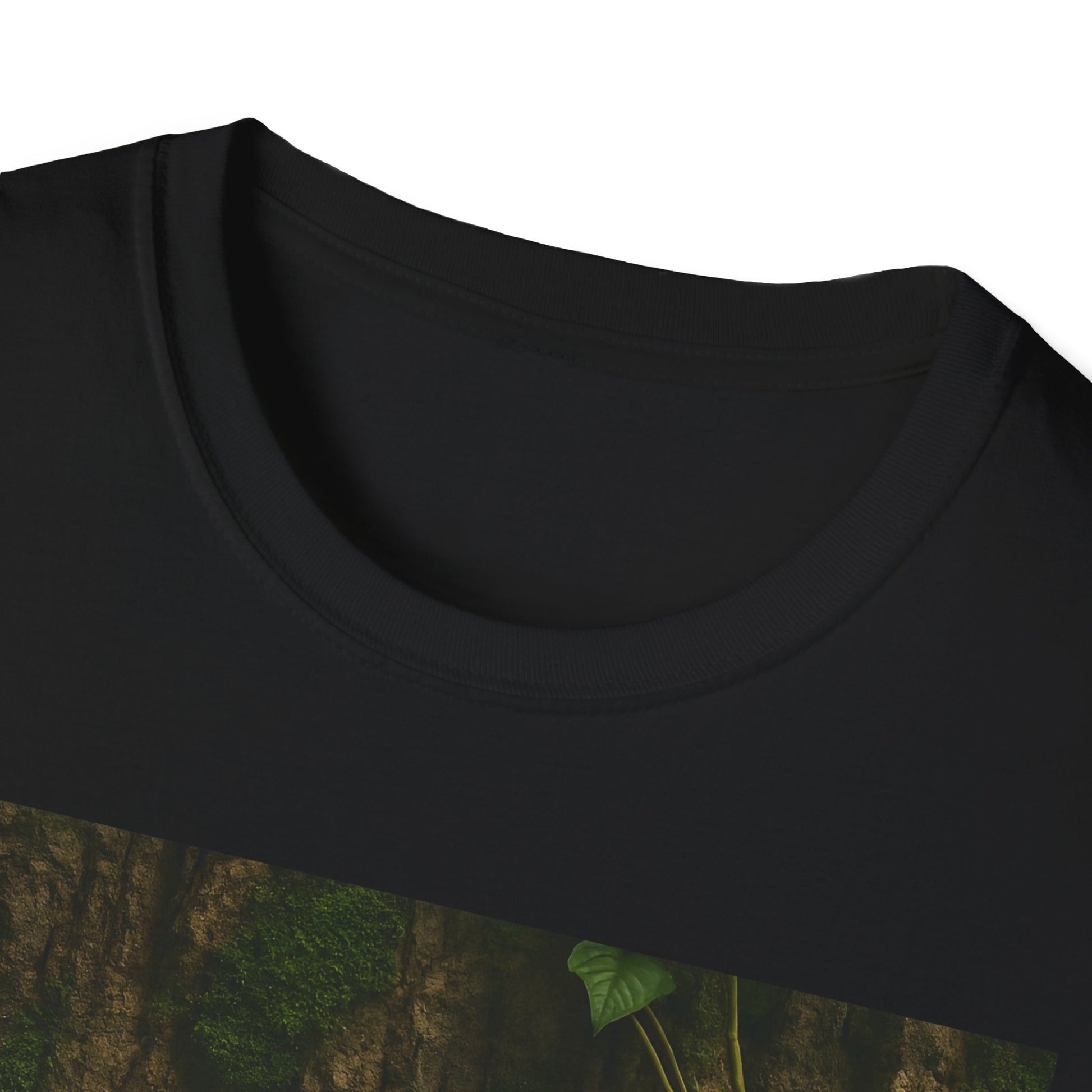 Close-up of a black crew-neck T-shirt with a forest scene graphic partially visible at the bottom edge.