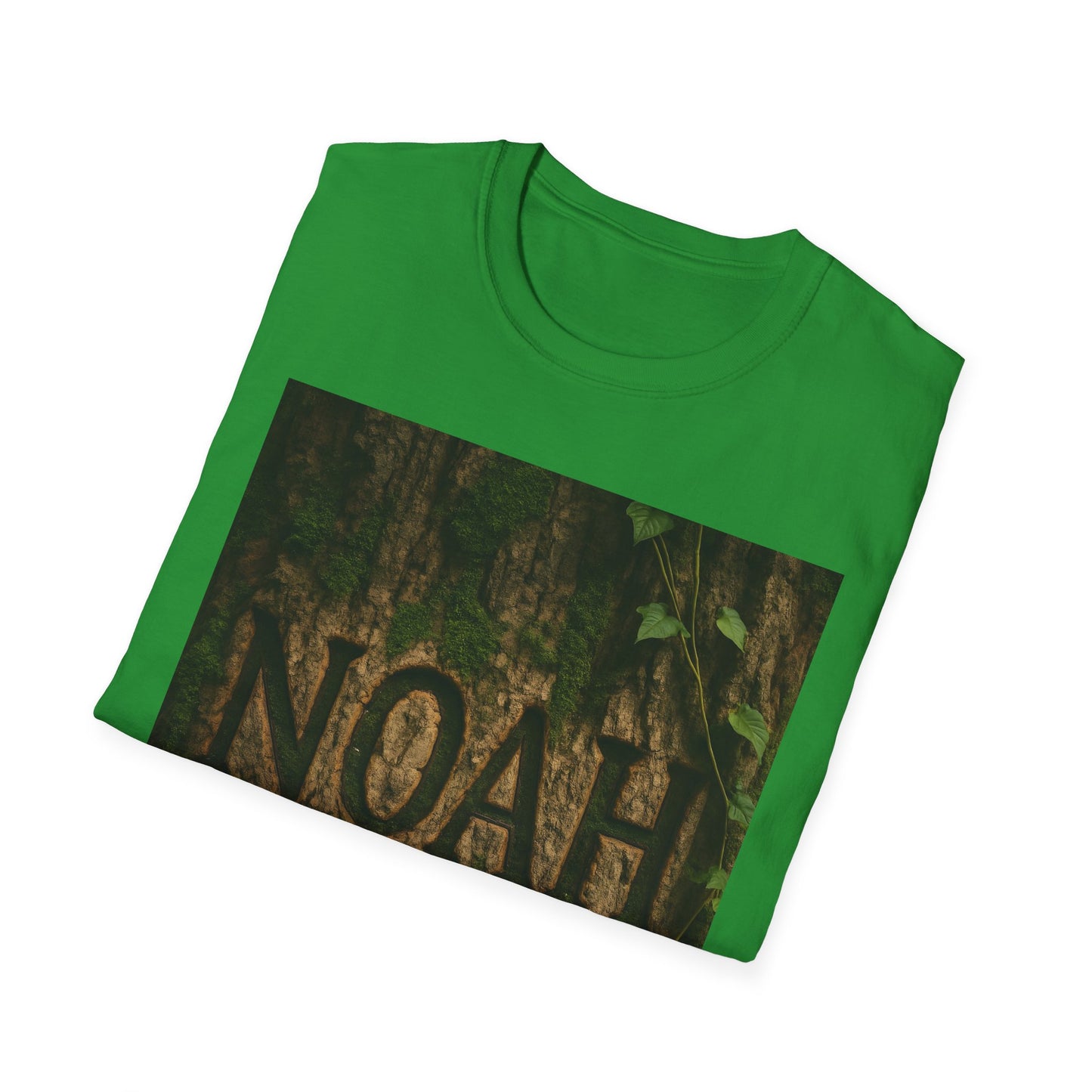 Bright green crewneck T-shirt featuring a rectangular photo print of tree bark with ivy and the word NOAH at the bottom.