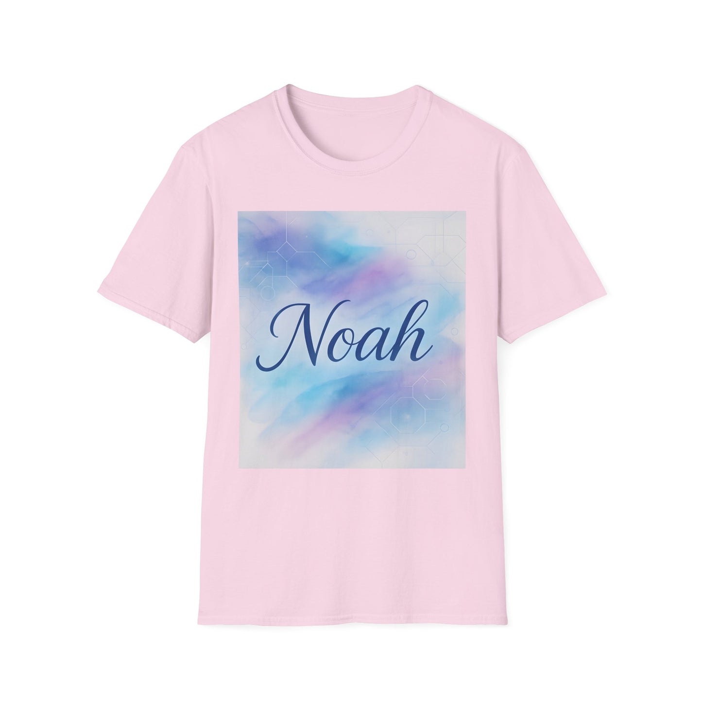 Pink t-shirt with a square pastel blue-pink gradient graphic featuring the name Noah in dark blue script.