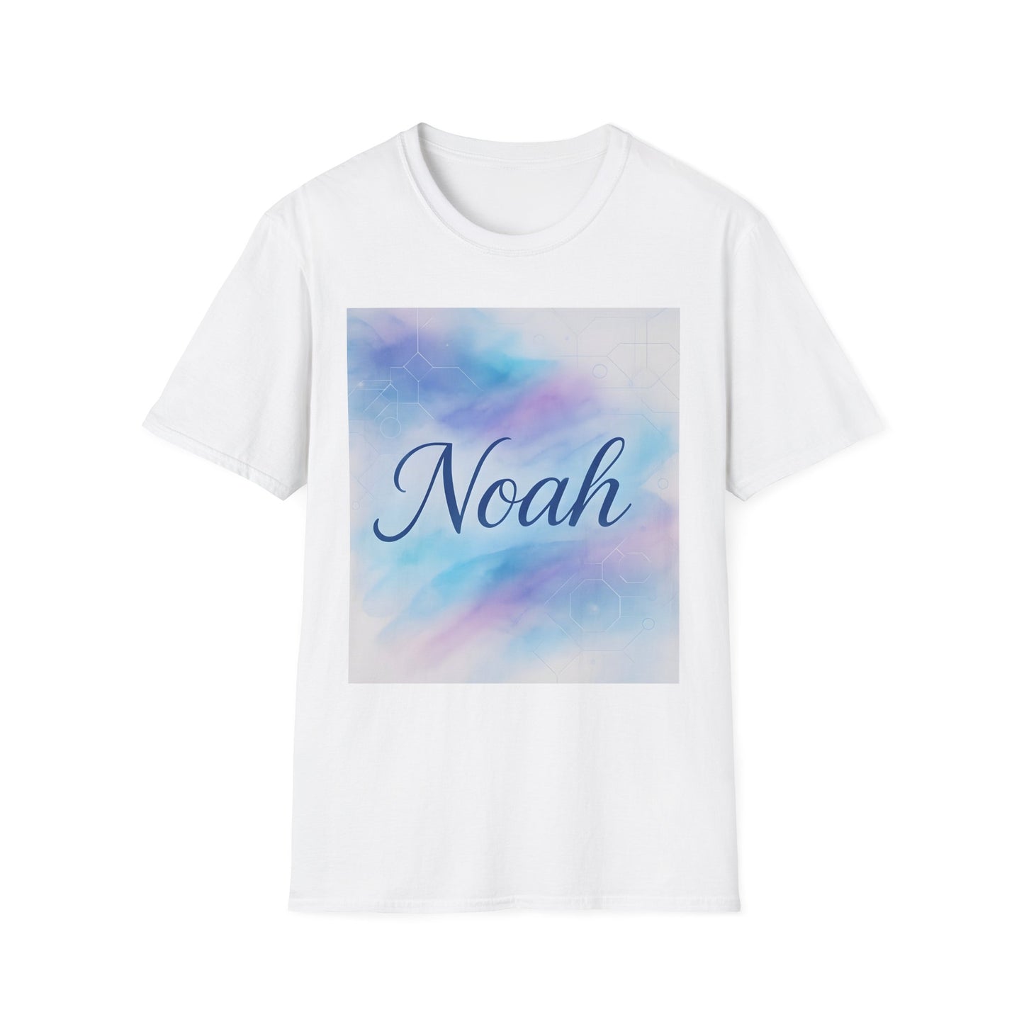 White short-sleeve T-shirt with a pastel blue-pink gradient square graphic featuring the name Noah in cursive.