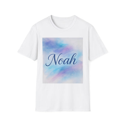 White short-sleeve T-shirt with a pastel blue-pink gradient square graphic featuring the name Noah in cursive.