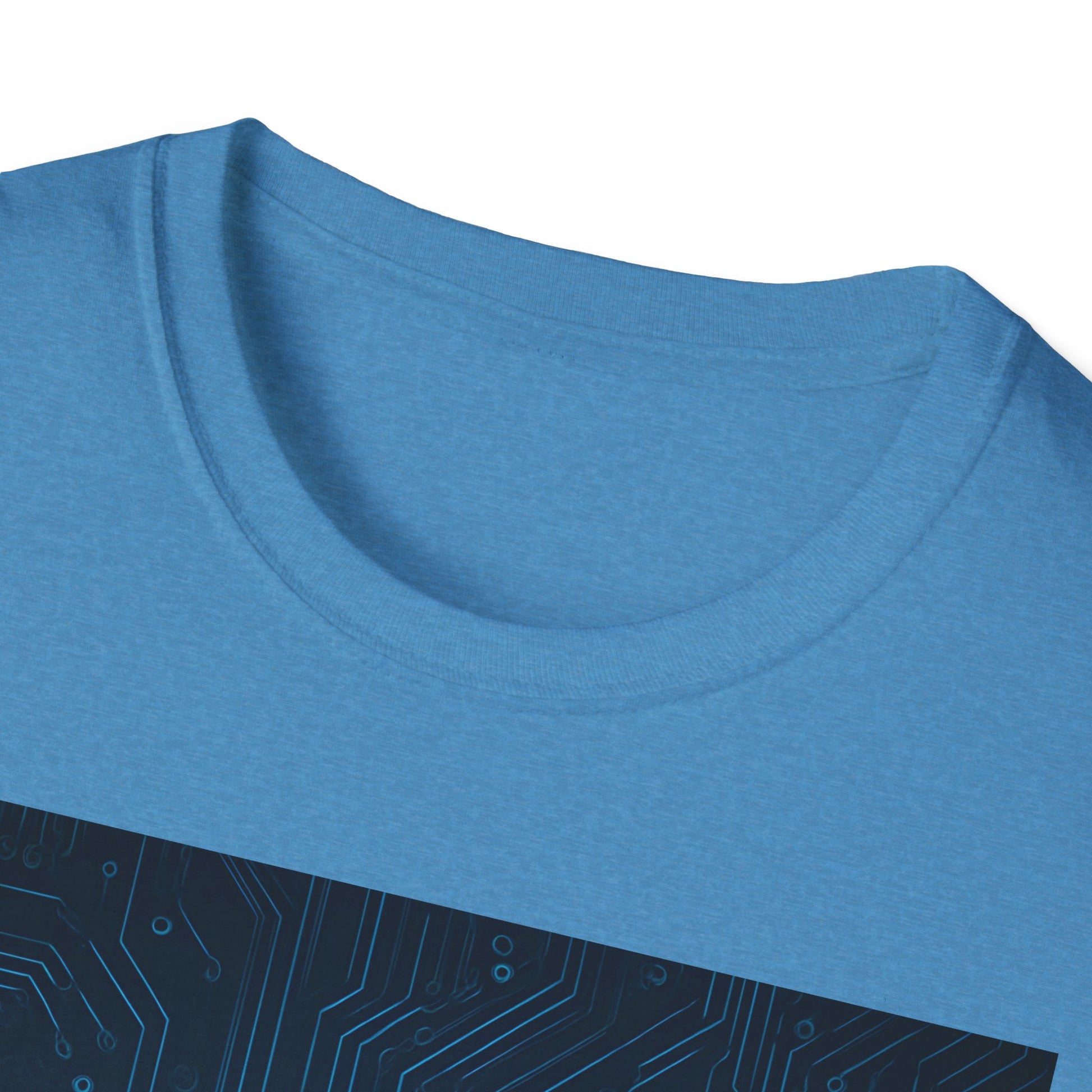 Blue crewneck T-shirt shown with a dark circuit-board pattern along the bottom edge.