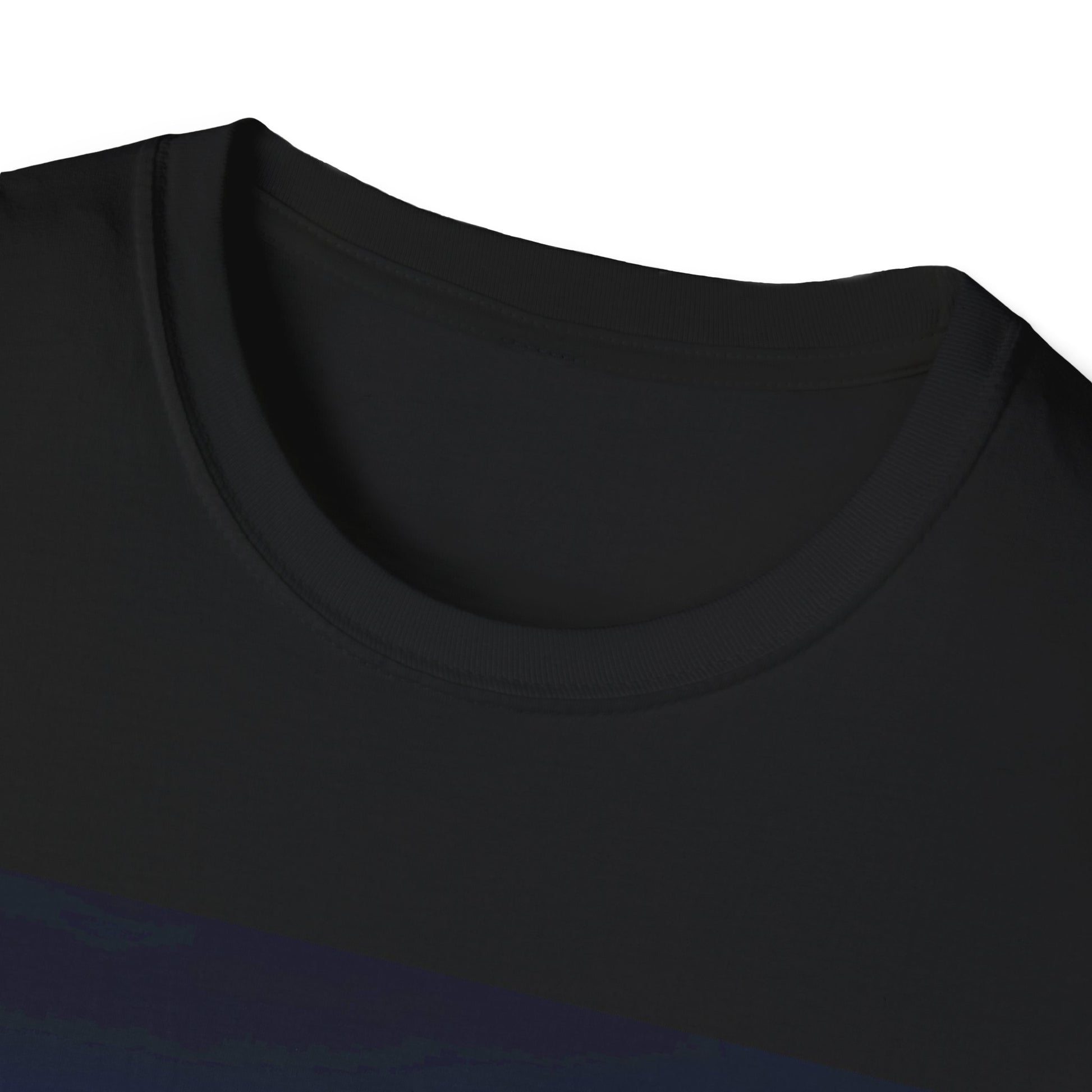 Close-up of a black crew-neck T-shirt, showing the ribbed neckline and smooth fabric.