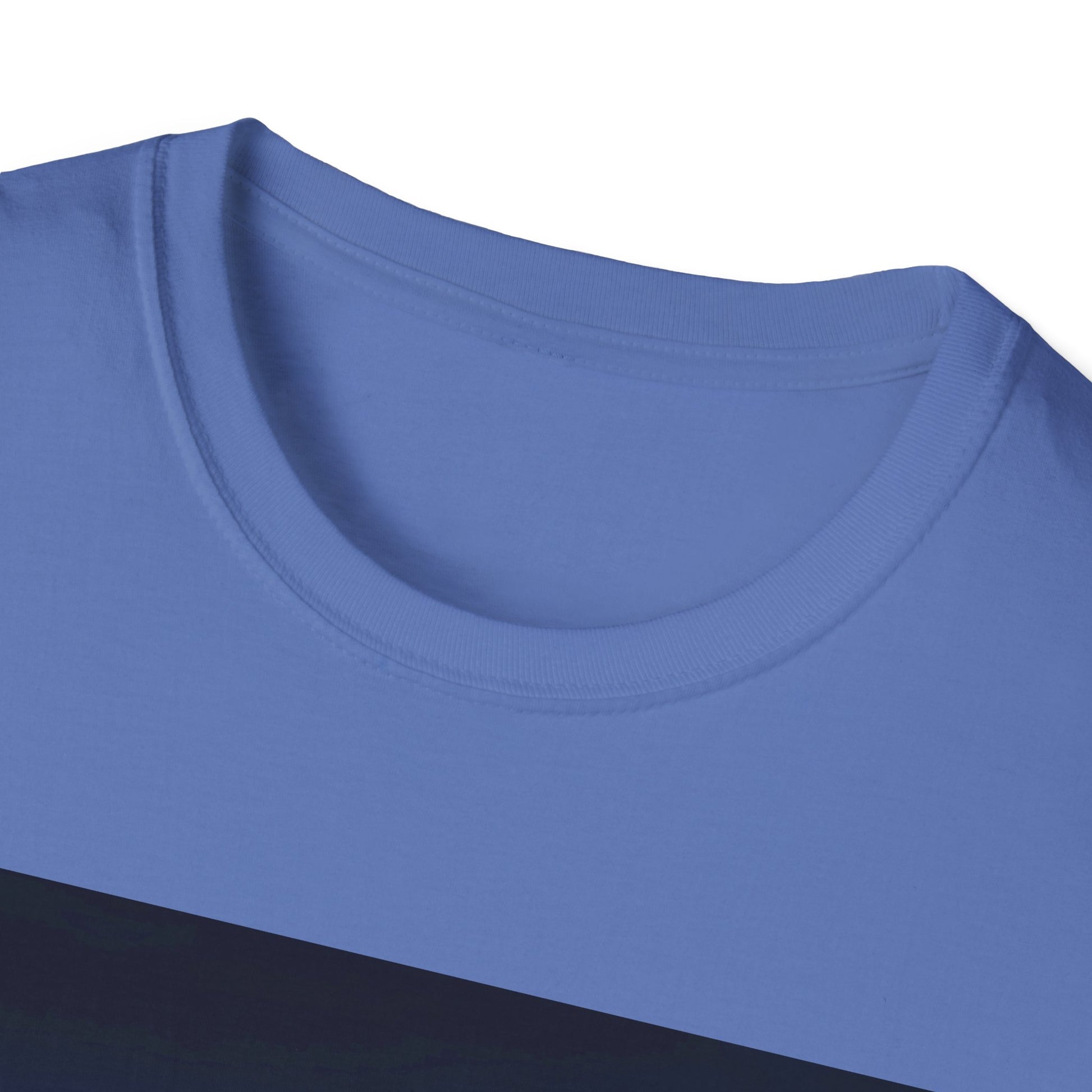 Close-up of a light blue crew-neck T-shirt neckline, showing a ribbed collar and smooth cotton fabric.