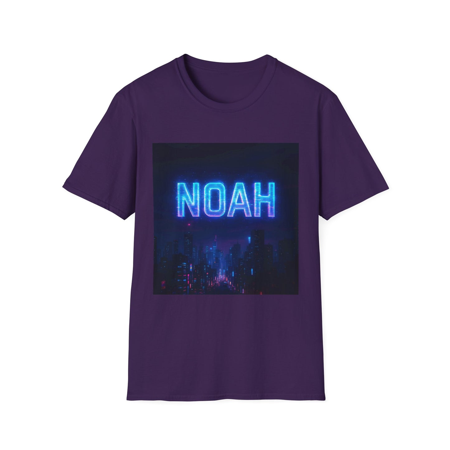 Purple short-sleeve T-shirt featuring a square neon blue "NOAH" cityscape graphic on the chest.