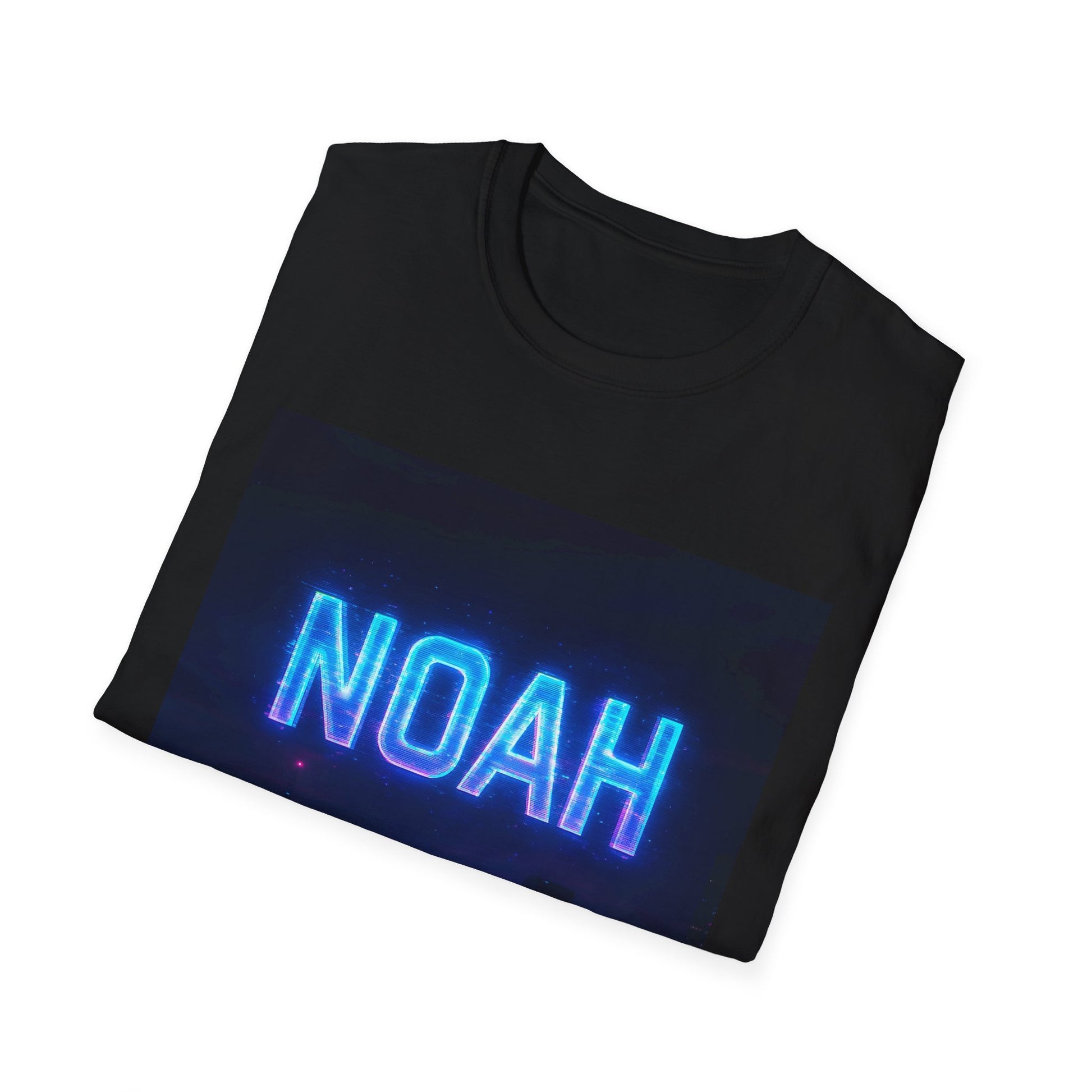 Black folded t-shirt featuring a blue neon NOAH logo across the front.