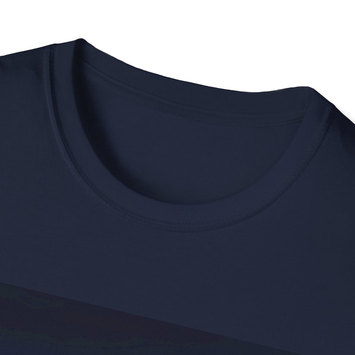 Close-up of a navy blue crew-neck T-shirt, showing the ribbed collar and smooth fabric.
