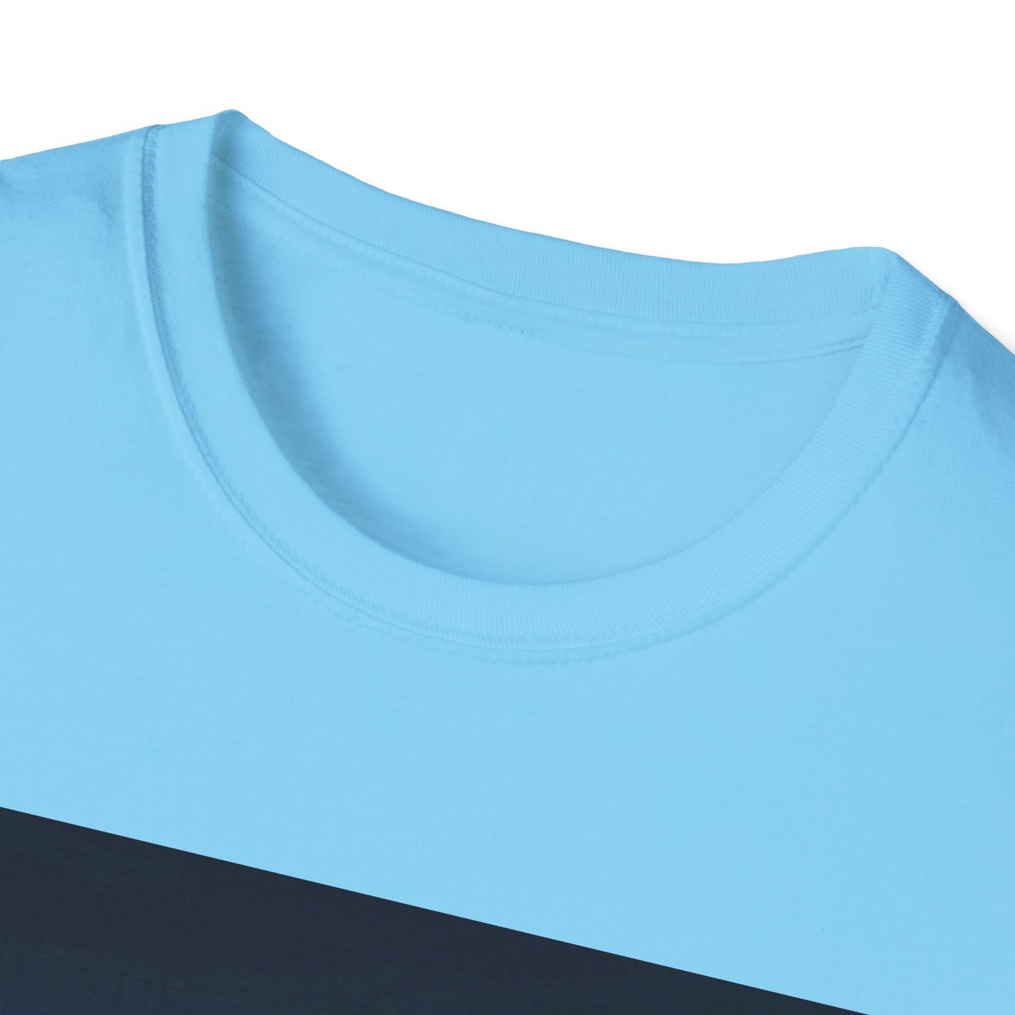Close-up of a light blue crew-neck T-shirt with a dark diagonal stripe at the bottom edge.