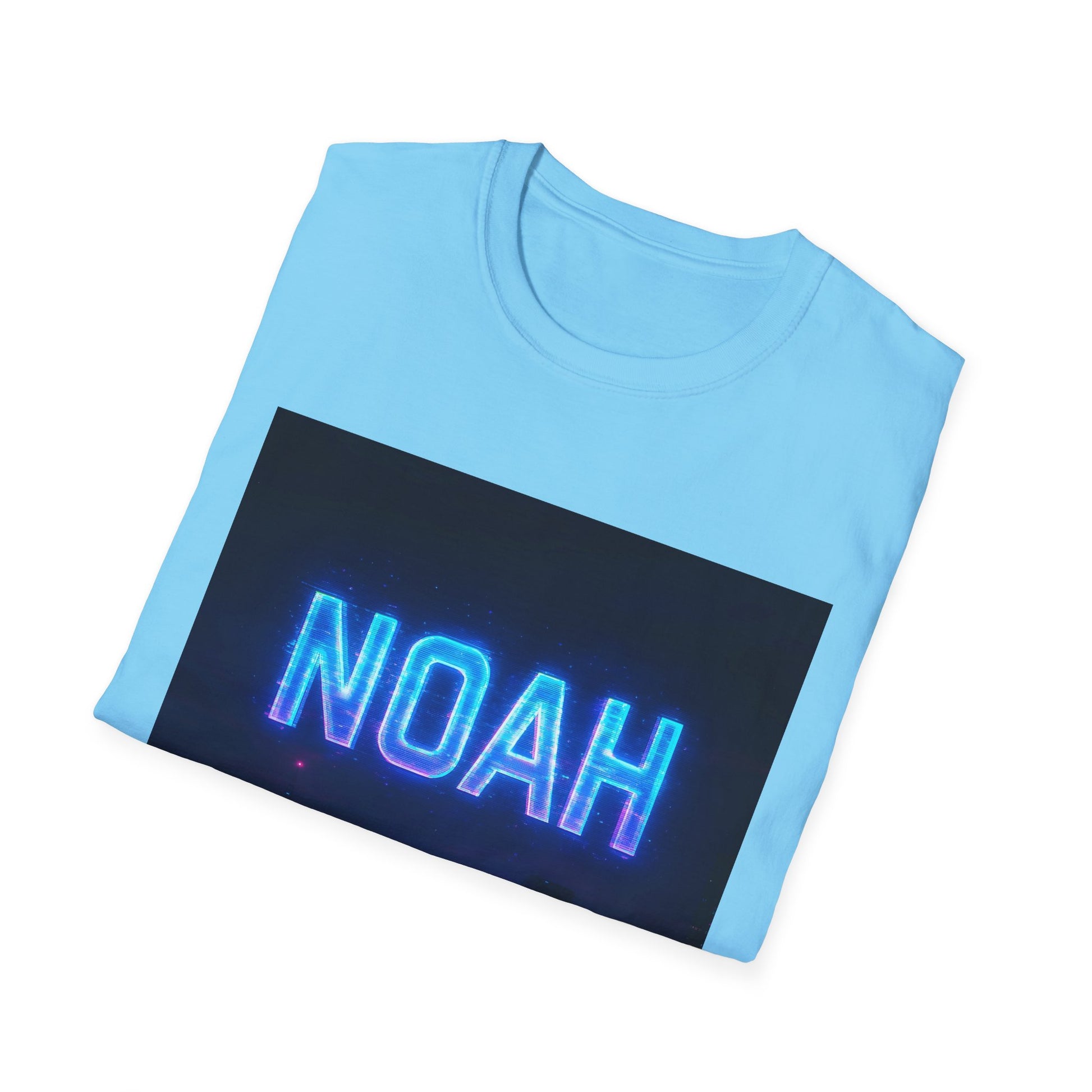Light blue short-sleeve T-shirt folded, featuring a dark rectangular panel with neon blue 'NOAH' lettering.