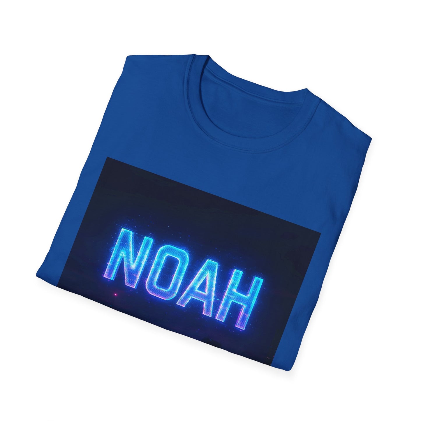 Blue crewneck t-shirt folded with a dark rectangular panel displaying glowing blue neon 'NOAH'.