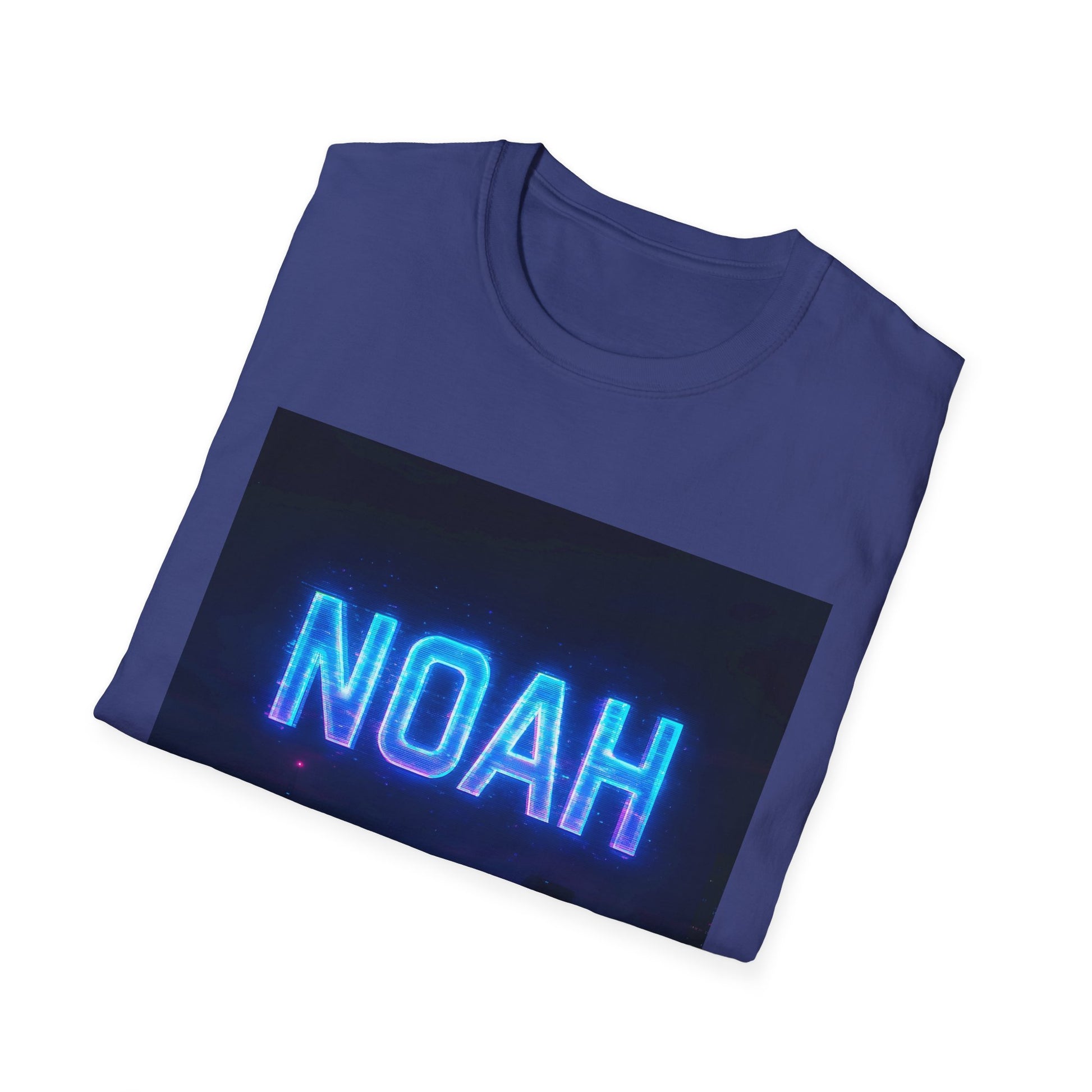 Blue crewneck t-shirt folded with a large black rectangle graphic and glowing blue 'NOAH' text.
