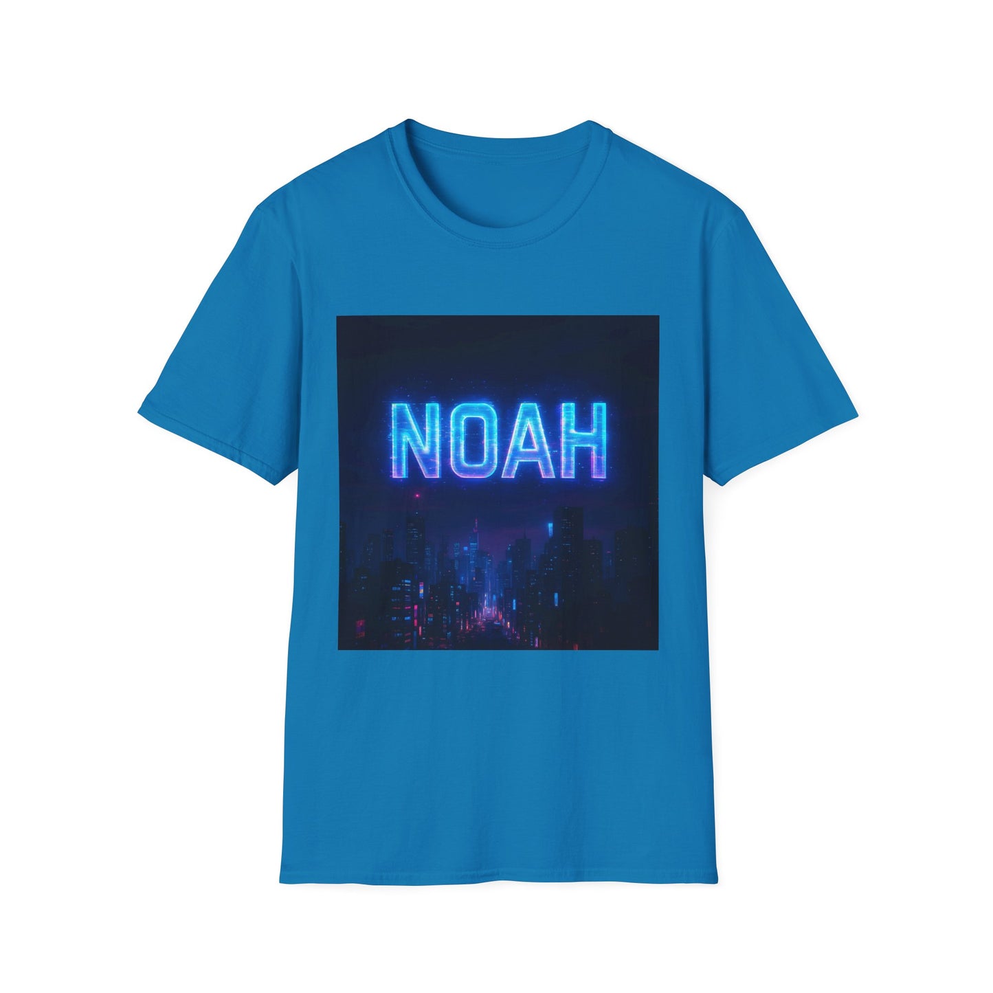 Blue T-shirt featuring a square graphic of a neon blue "NOAH" sign above a dark city skyline.