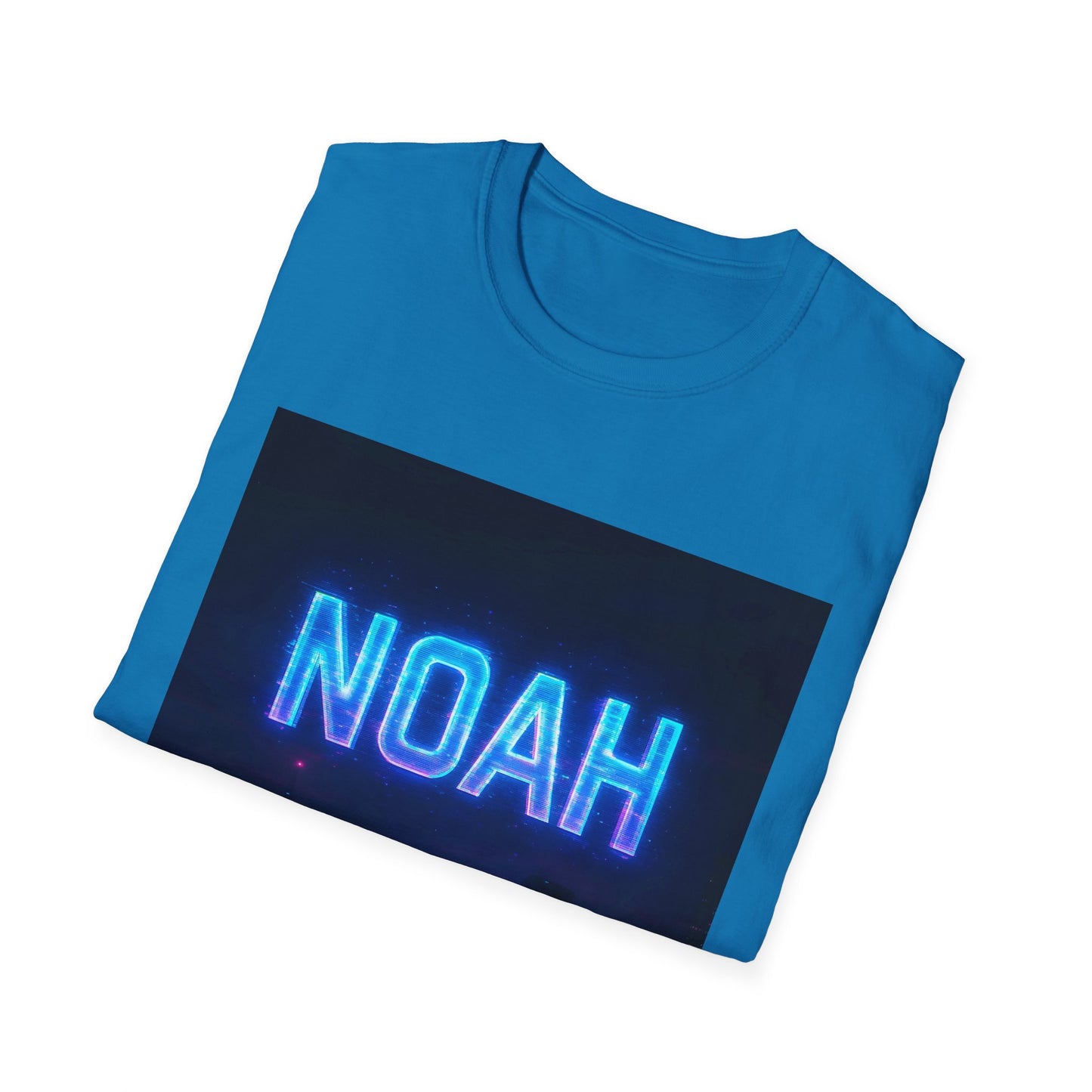 Blue crewneck t-shirt folded flat with a dark rectangular graphic displaying glowing blue neon text "NOAH".