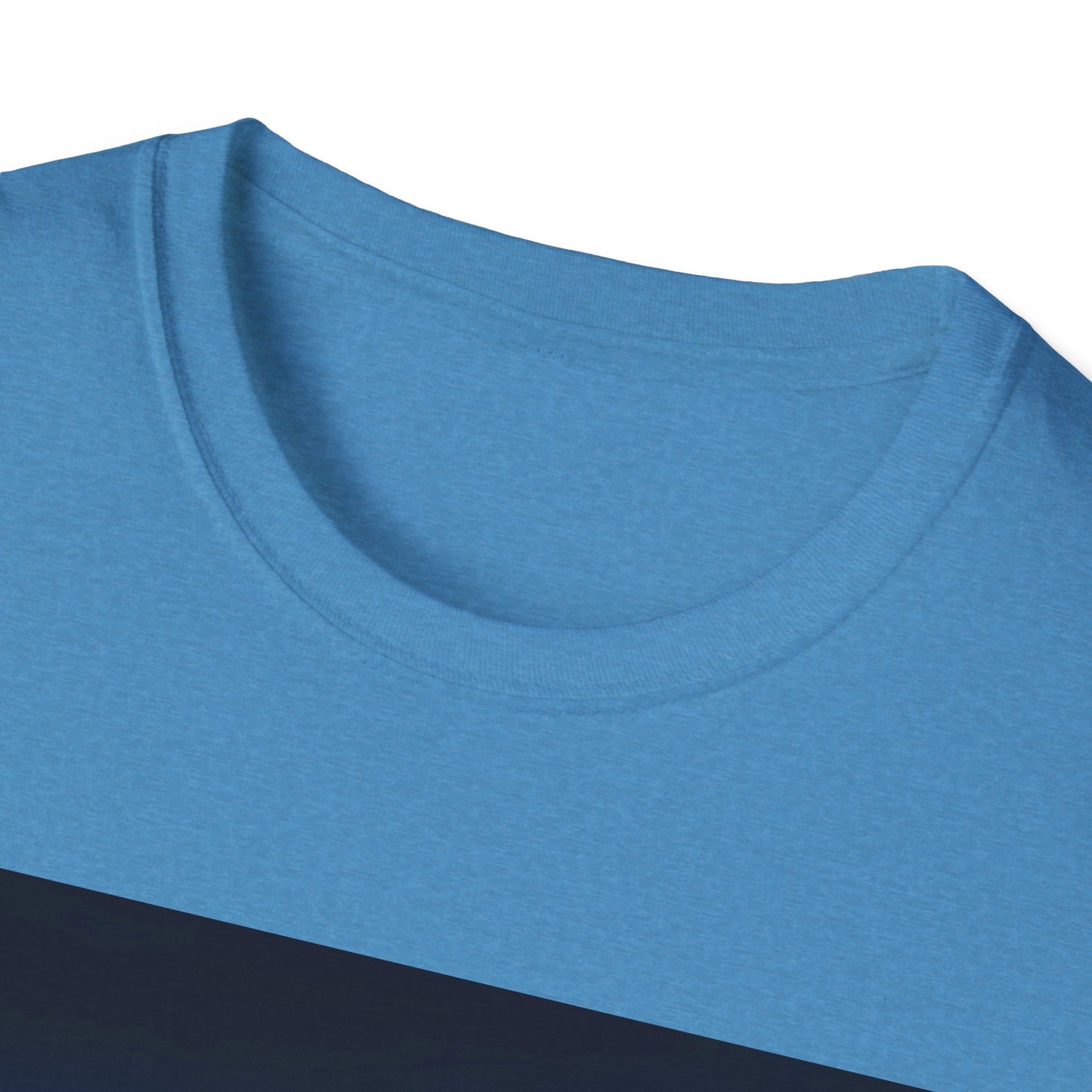 Close-up of a light blue cotton T-shirt neckline with a round crew neck and visible stitching.
