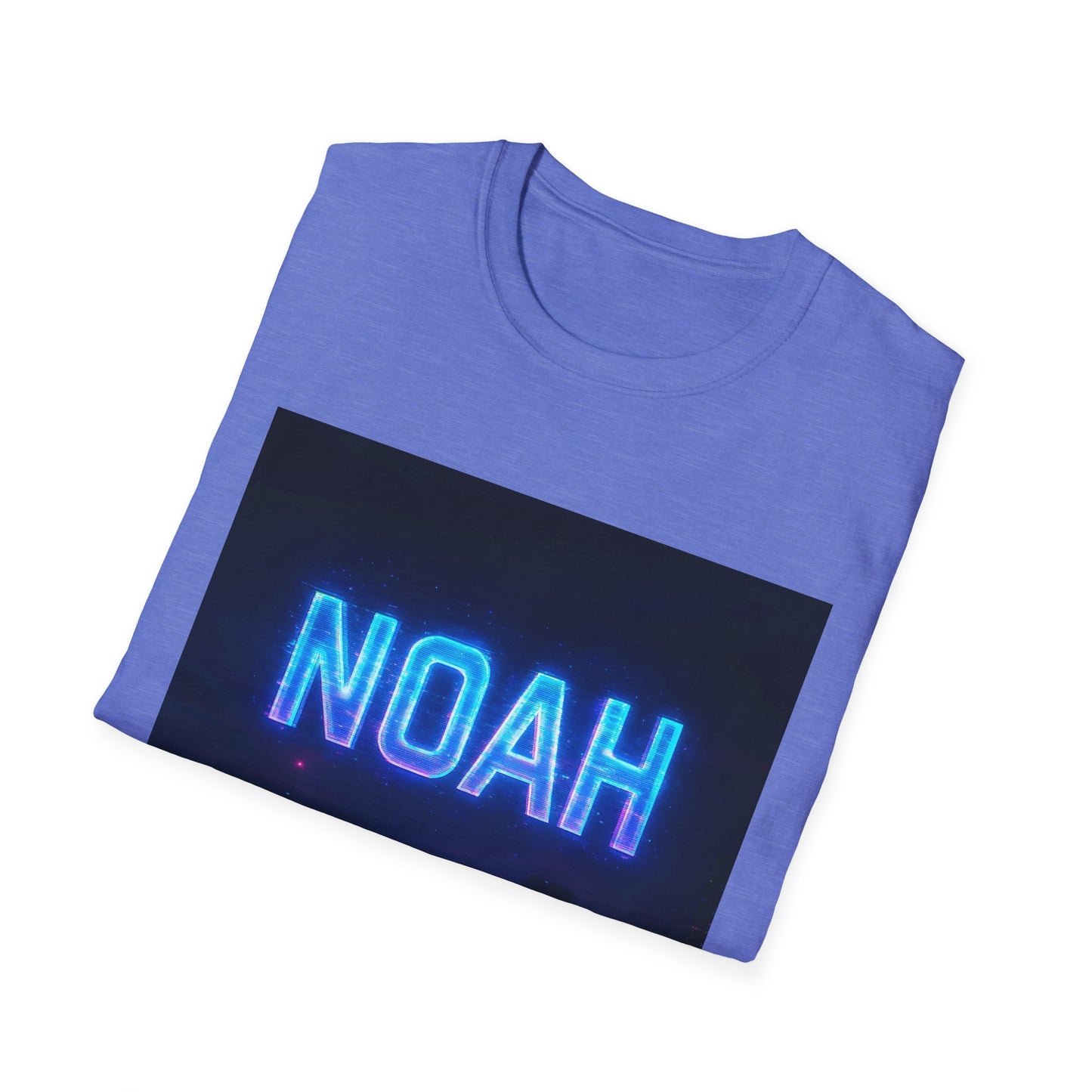 Light purple short-sleeve T-shirt folded with a dark rectangular graphic featuring neon blue NOAH text.