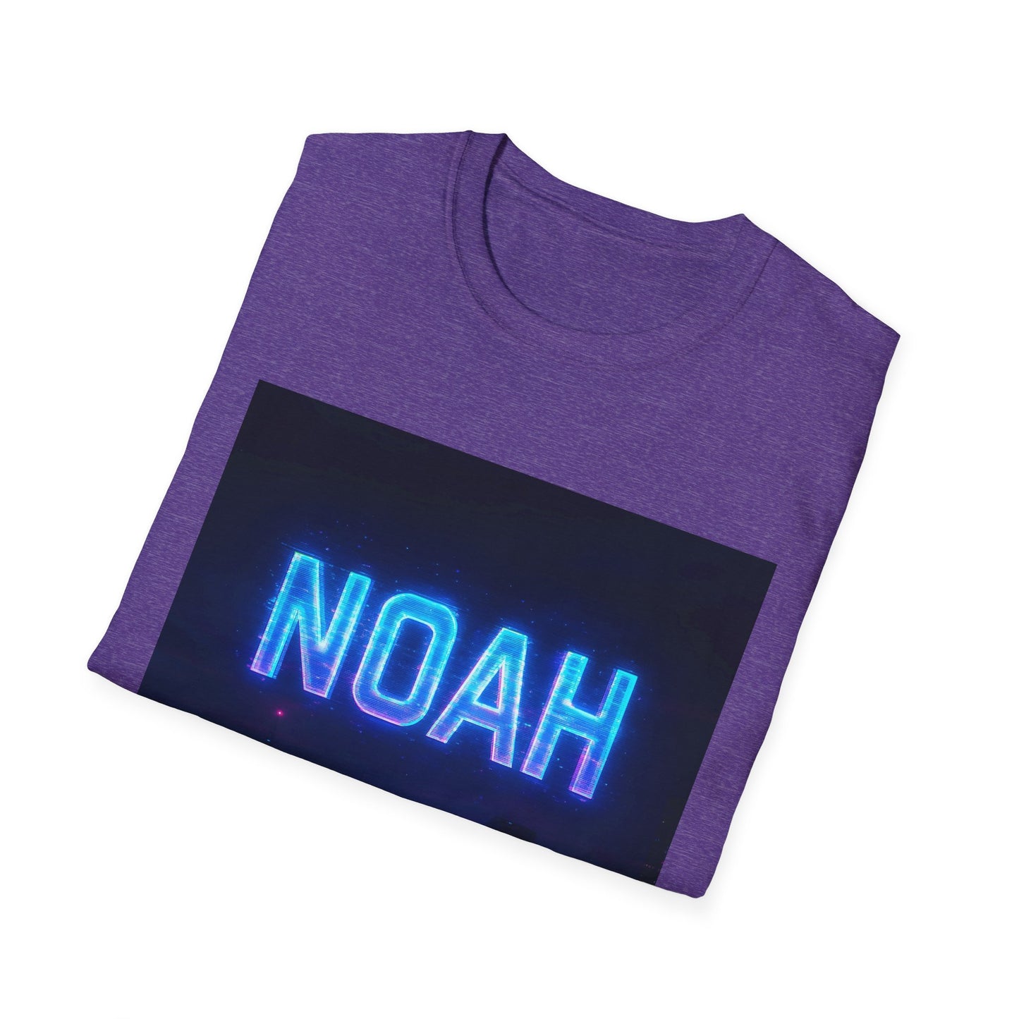 Purple heather crewneck T-shirt with a black rectangular graphic featuring neon blue "NOAH" lettering.