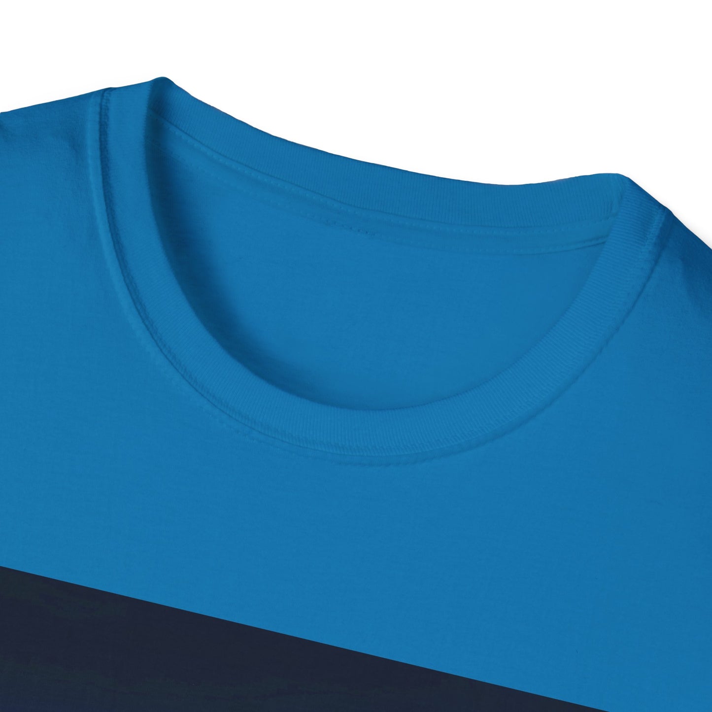 Close-up of a bright blue crew-neck T-shirt with a dark diagonal stripe across the chest.